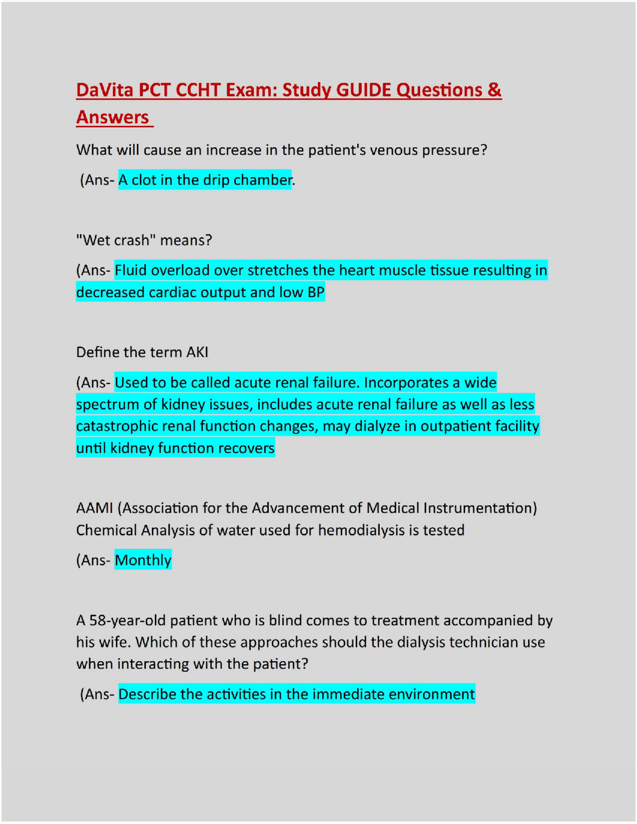 DaVita PCT CCHT Exam: Study Guide Questions & Answers: Guaranteed A+ ...