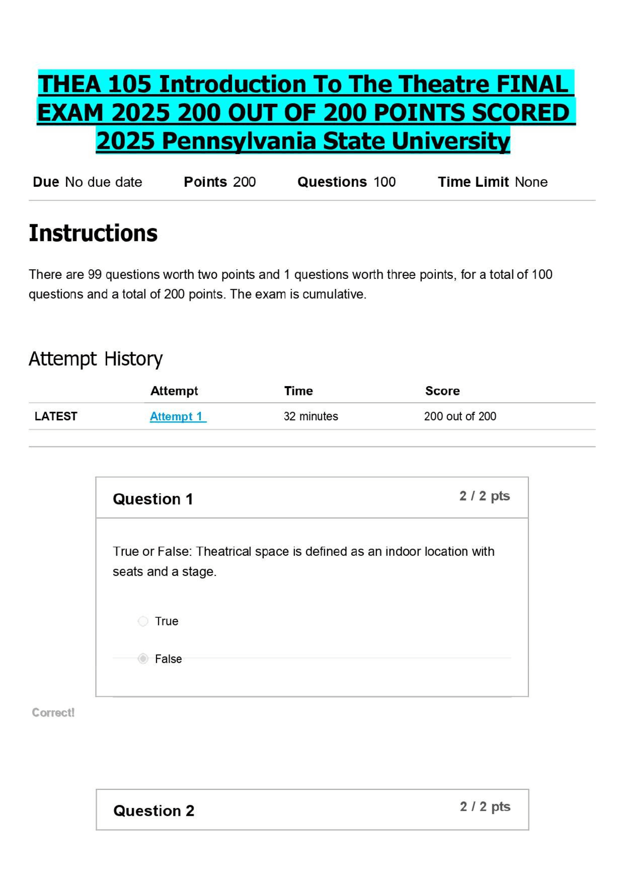 THEA 105 Introduction To The Theatre FINAL EXAM 2025 200 OUT OF 200 ...
