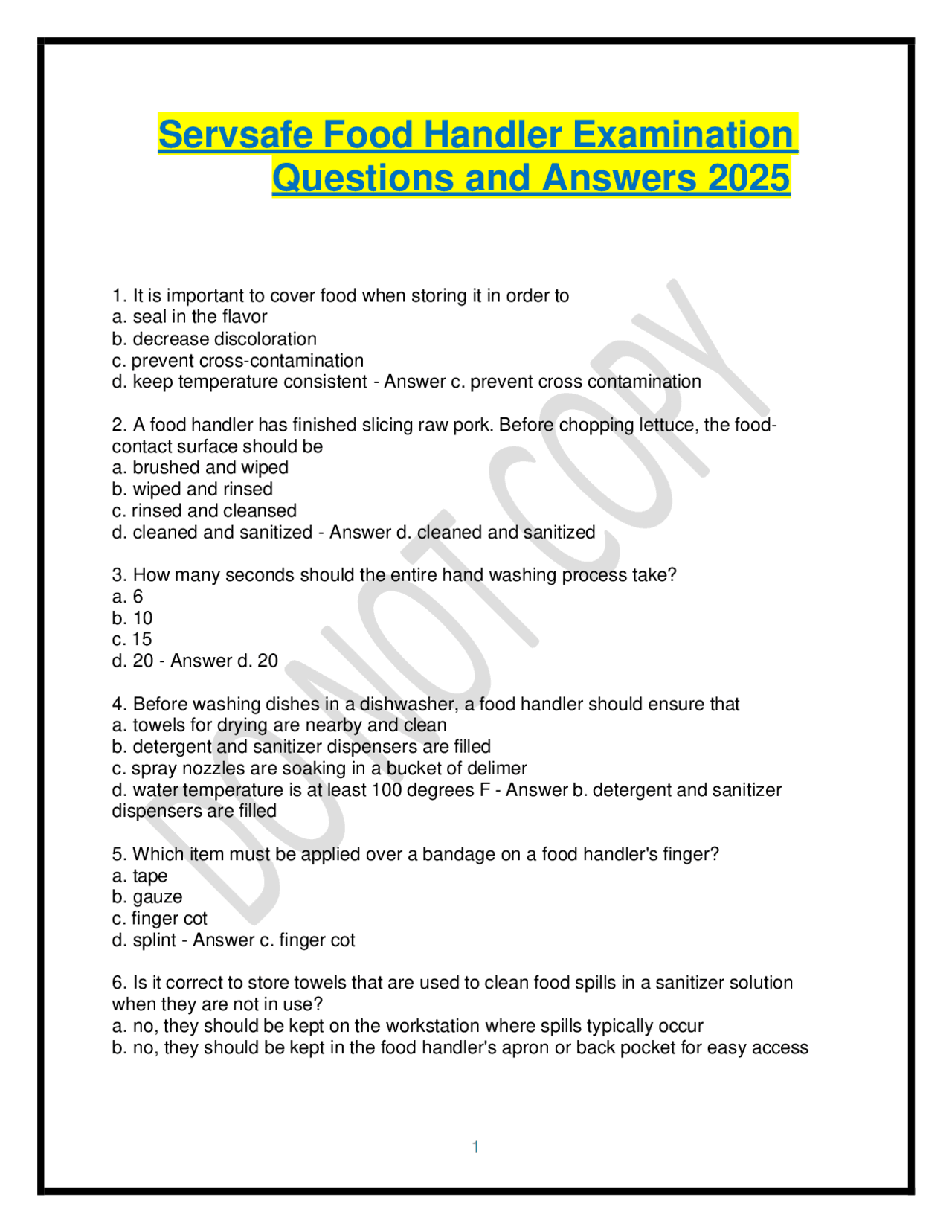 Servsafe Food Handler Examination Questions And Answers 2025 Exams