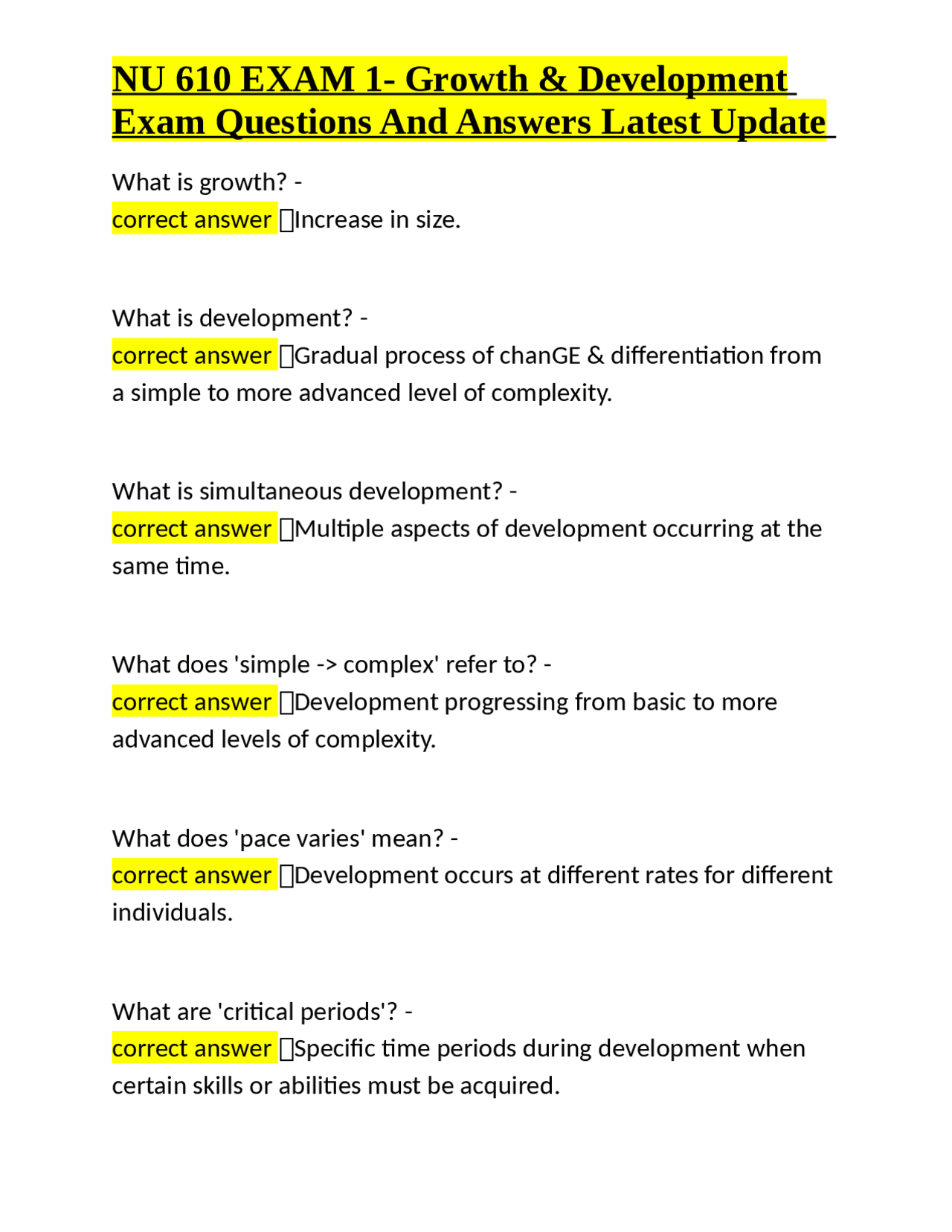 NU 610 Exam 1: Growth & Development - Questions and Answers | Exams ...