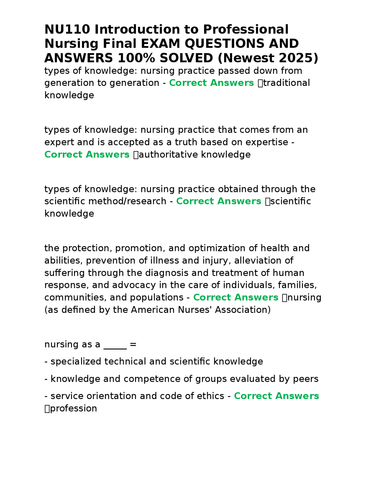 NU110 Introduction to Professional Nursing Final Exam Questions and ...