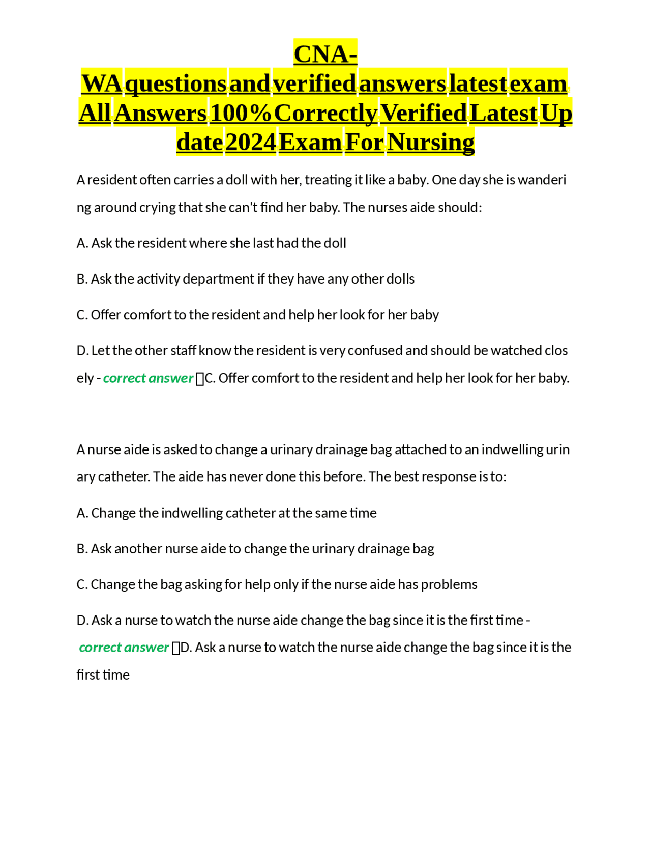 CNA Exam Questions and Answers for Nursing | Exercises Nursing | Docsity