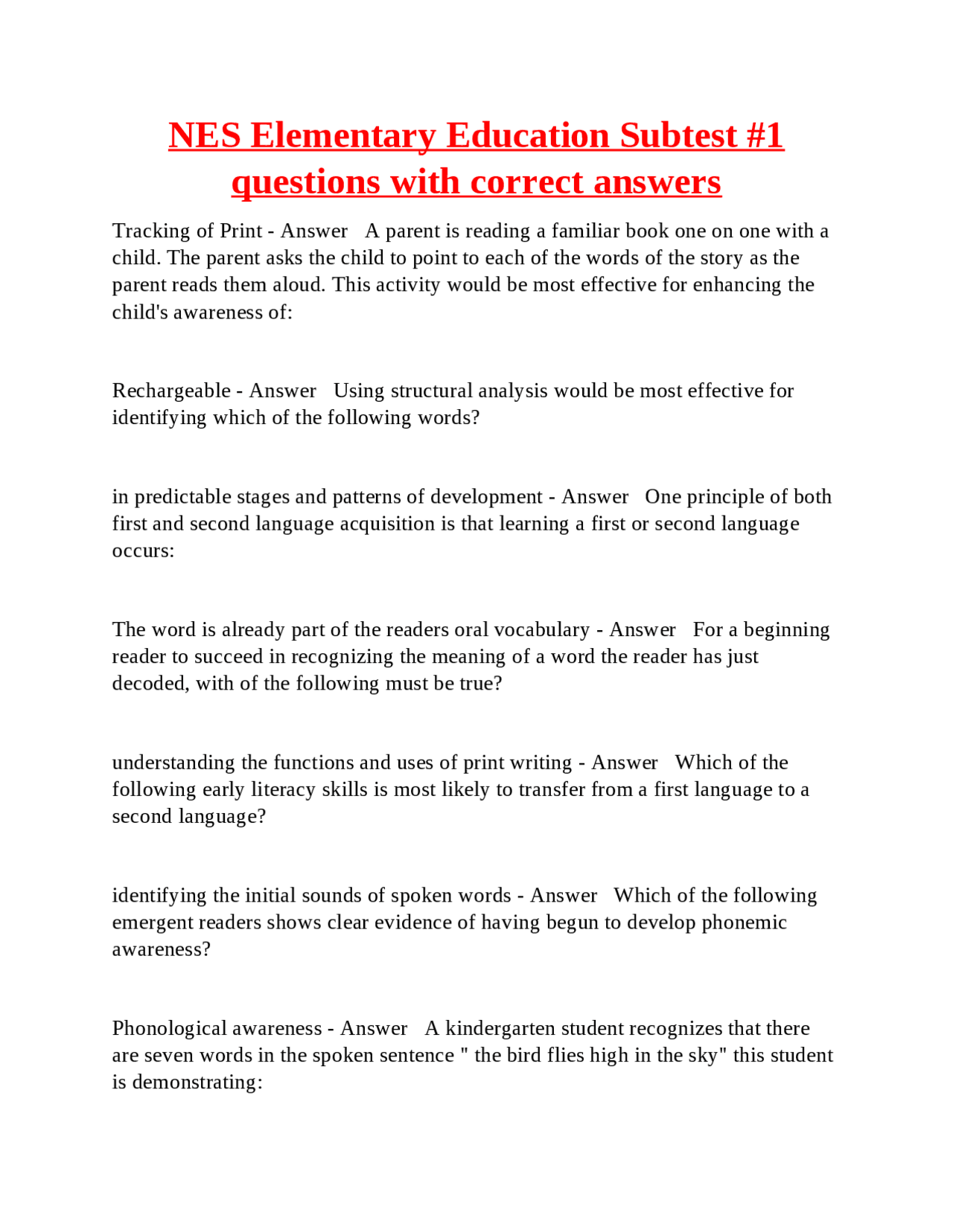 NES Elementary Education Subtest #1: Practice Questions and Answers ...