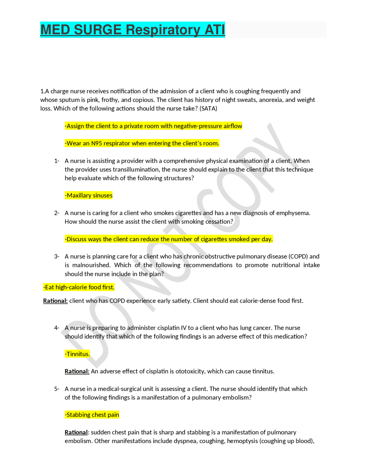 MED SURGE Respiratory ATI: Multiple Choice Questions and Answers ...