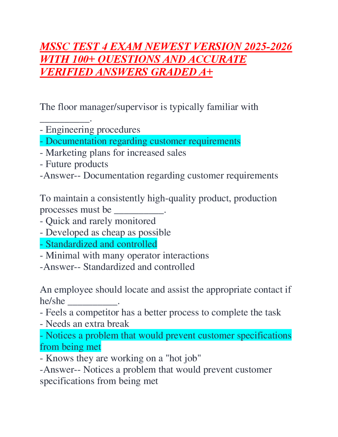 Mscc Questions MSSC TEST 4 EXAM QUESTIONS AND ACCURATE VERIFIED ANSWERS.pdf | Exams ...