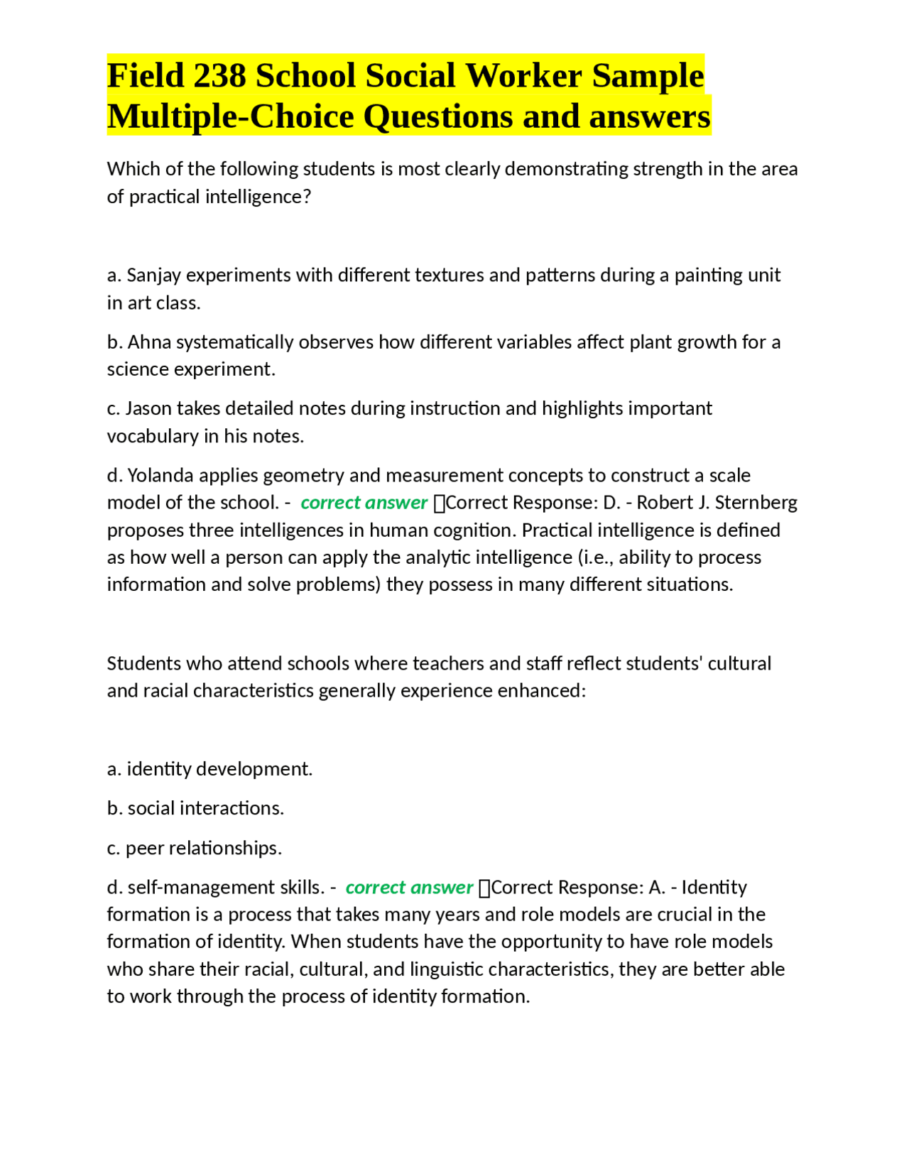 Social Work Sampling Examples School Social Work Sample Multiple-Choice Questions and Answers | Exams ...