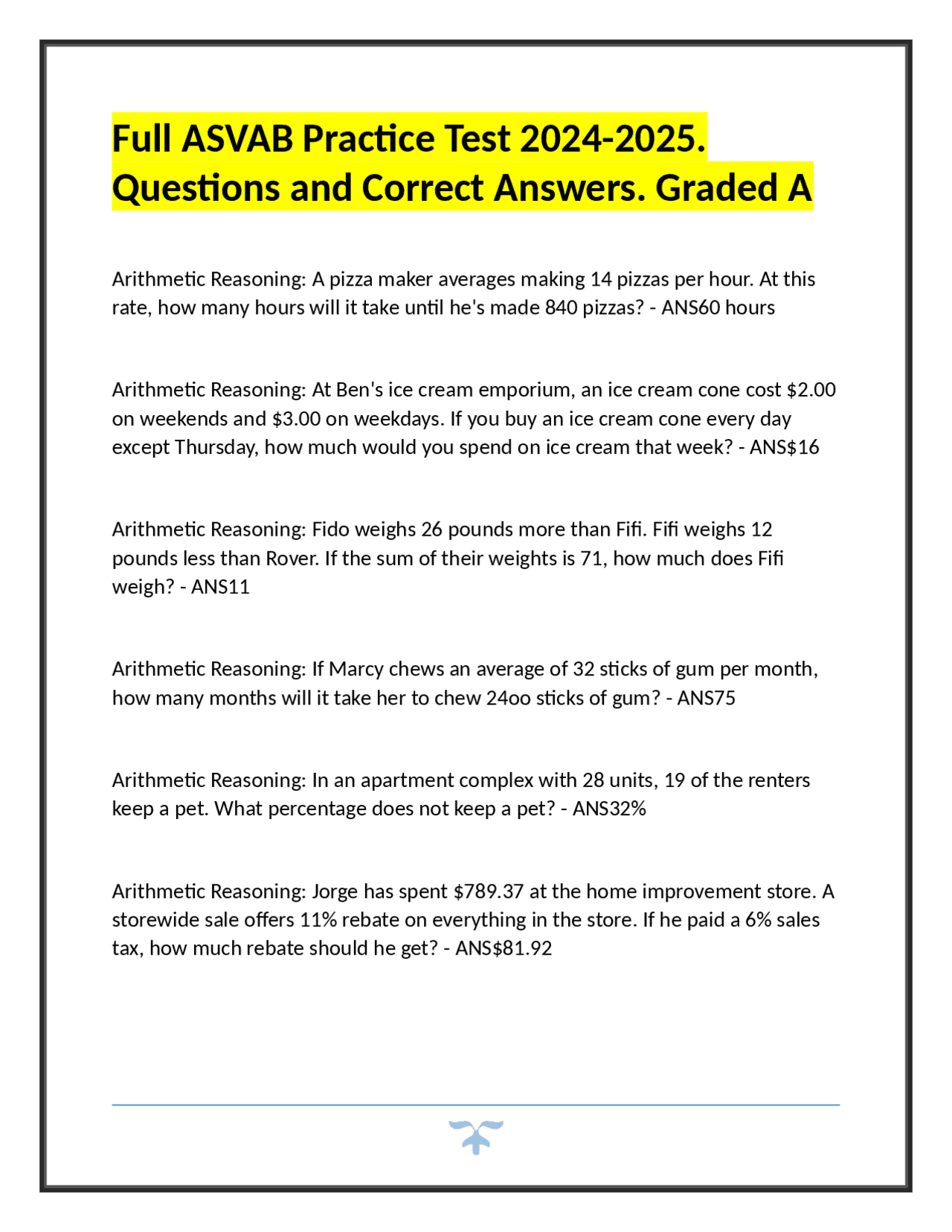 Full ASVAB Practice Test 2024-2025. Questions and Correct Answers ...