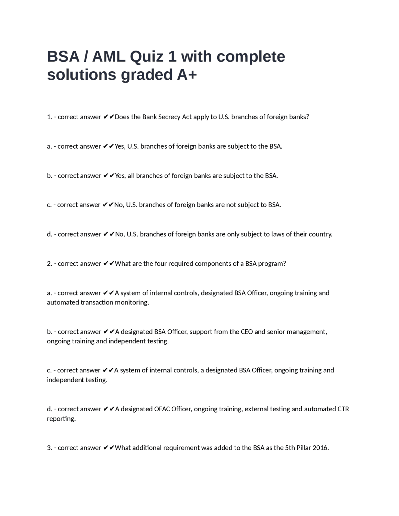 BSA / AML Quiz 1 with Complete Solutions | Exams Nursing | Docsity