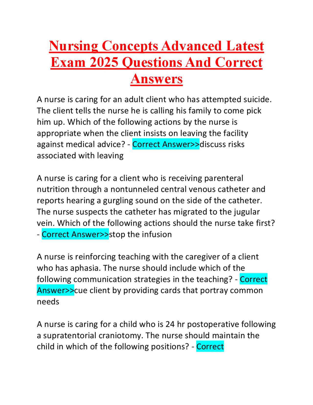 Nursing Concepts Advanced Latest Exam 2025 Questions And Correct ...