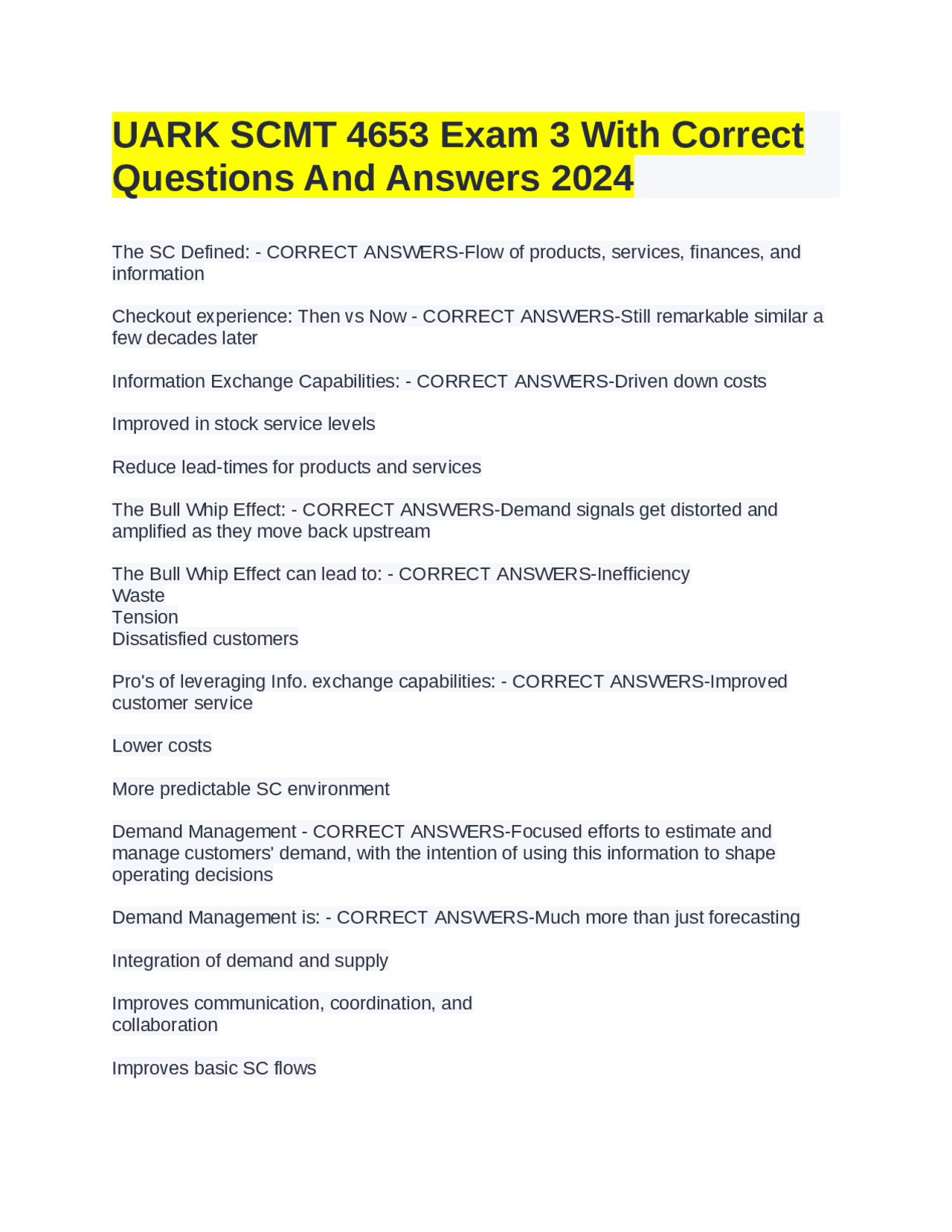UARK SCMT 4653 Exam 3 With Correct Questions And Answers 2024 | Exams ...