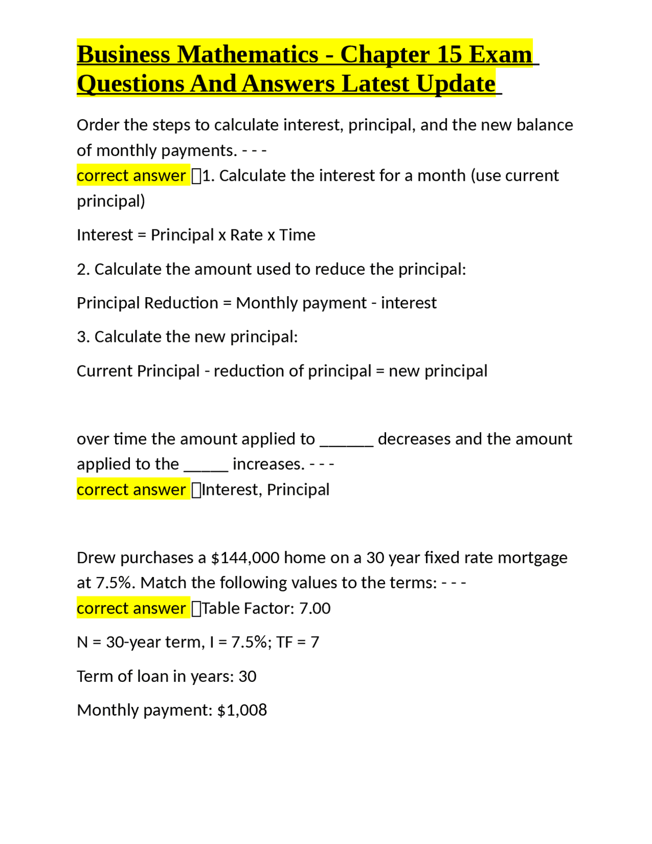Business Mathematics - Chapter 15 Exam: Mortgage Calculations and ...
