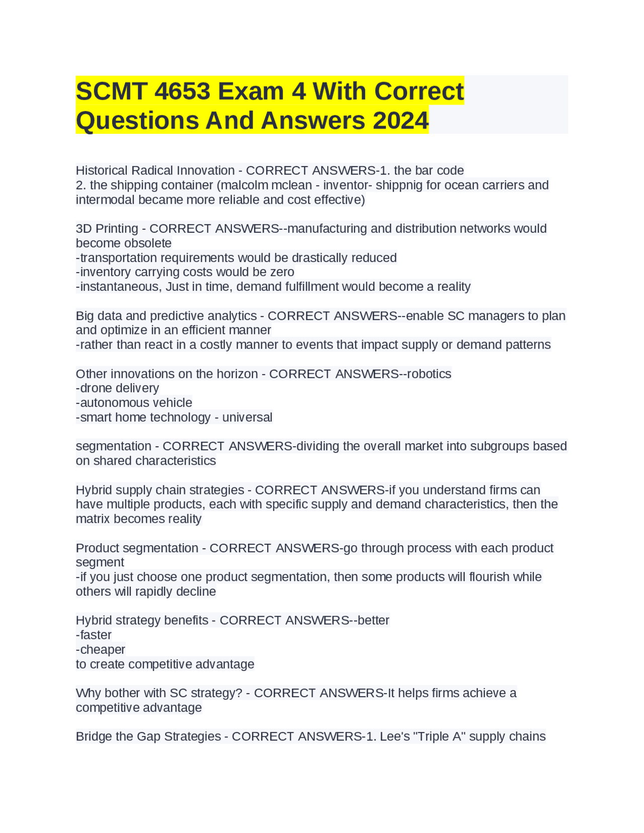 SCMT 4653 Exam 4 With Correct Questions And Answers 2024 | Exams ...