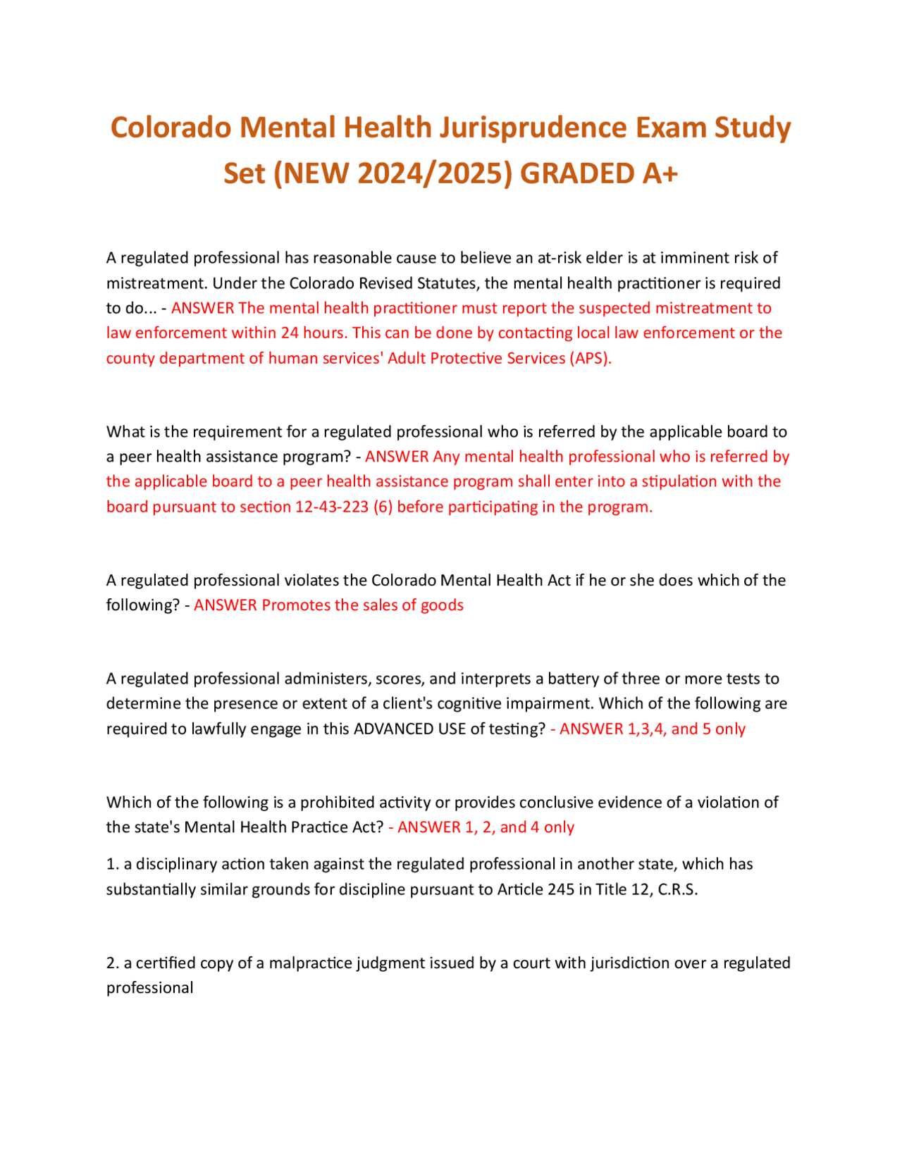 Colorado Mental Health Jurisprudence Exam Study Set (NEW 2024/2025 ...