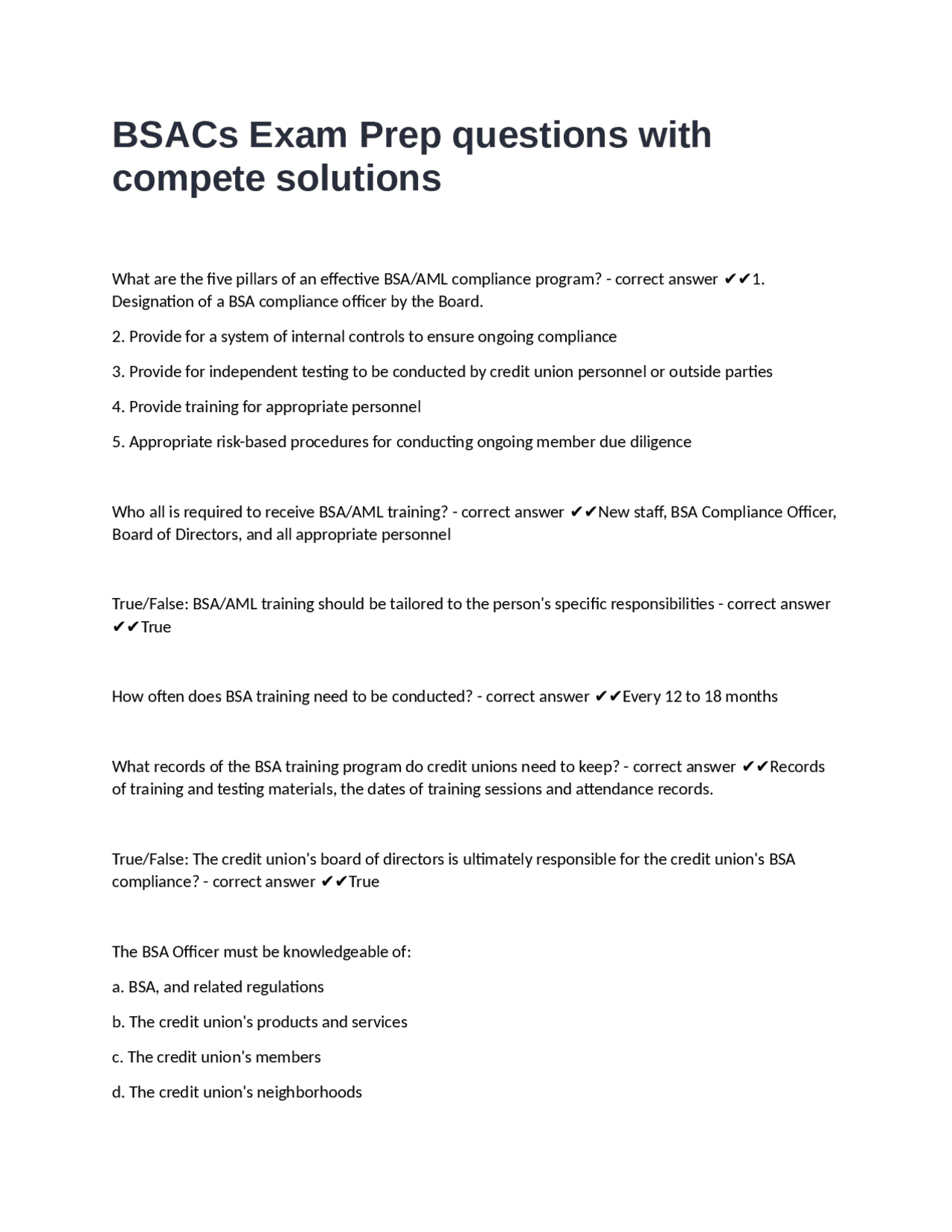 BSACs Exam Prep Questions and Answers: A Comprehensive Guide to BSA/AML ...