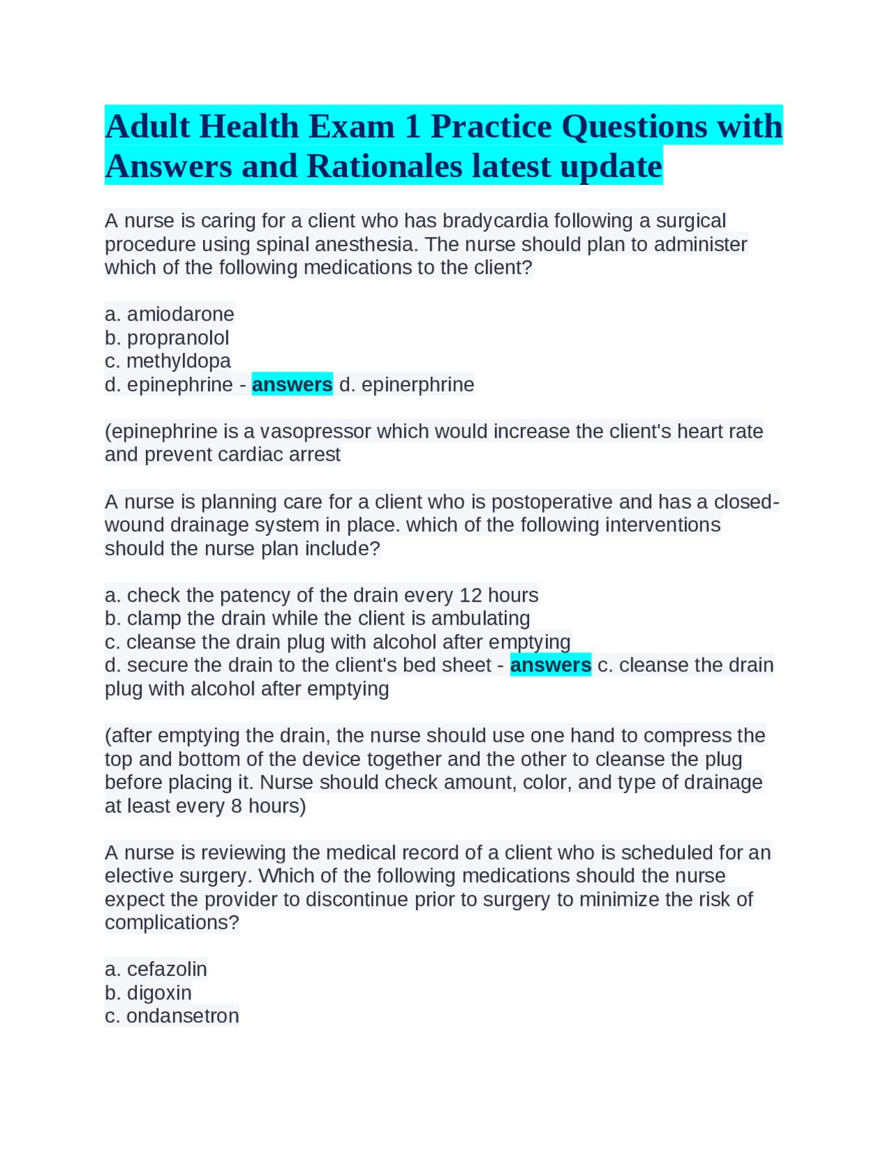 Adult Health Exam 1 Practice Questions with Answers and Rationales ...