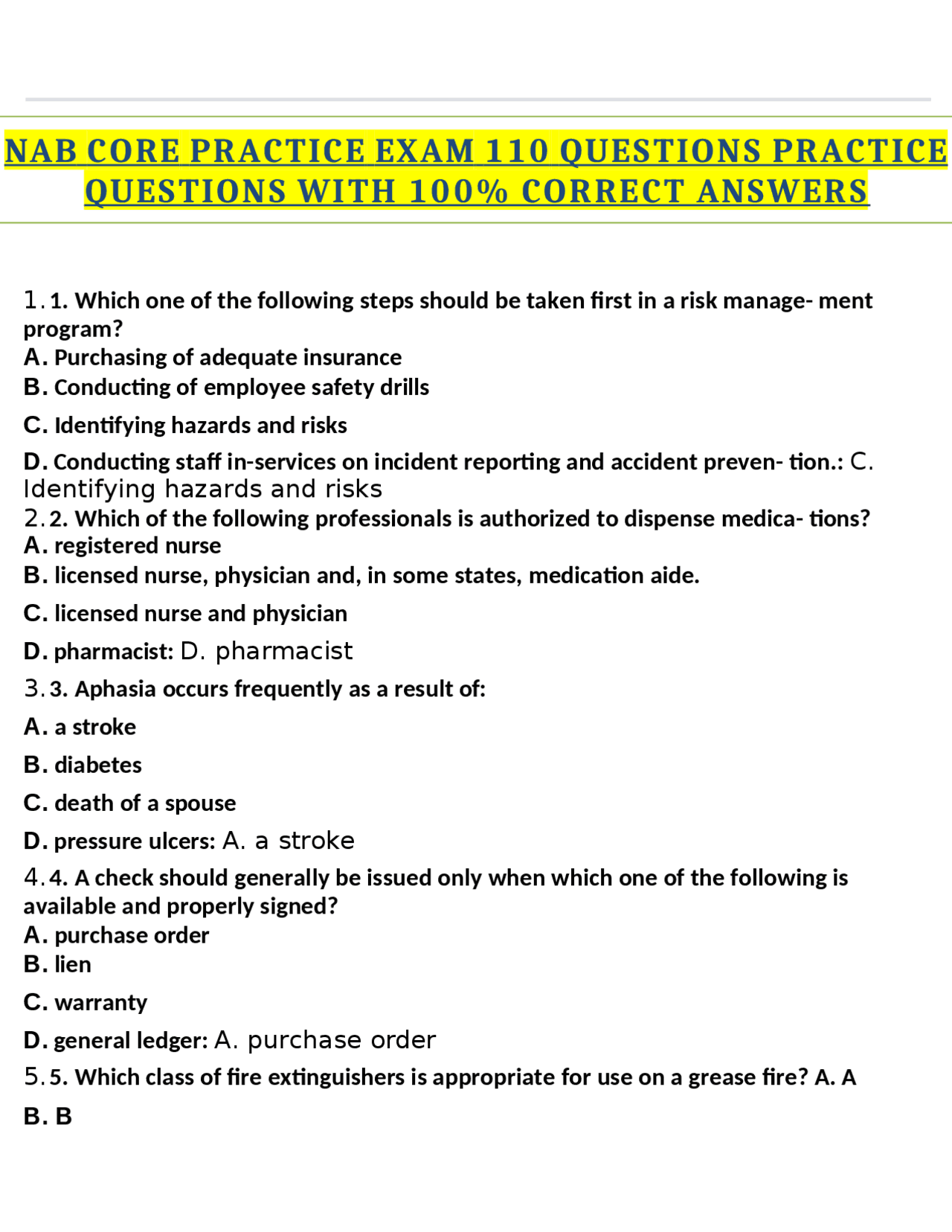 Nab Comprehension NAB CORE PRACTICE EXAM 110 QUESTIONS PRACTICE QUESTIONS WITH 100% ...