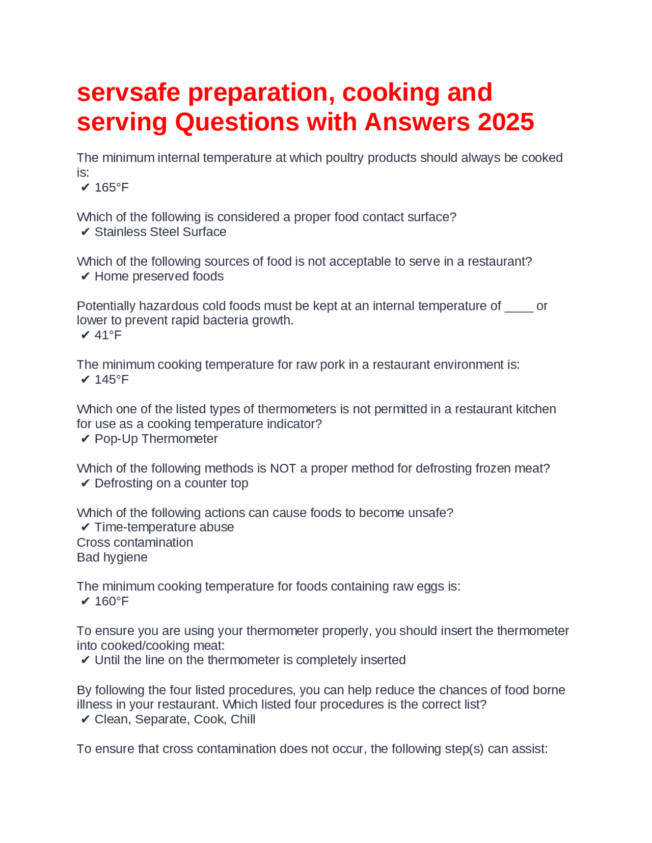 Servsafe Food Safety Preparation Cooking And Serving Questions