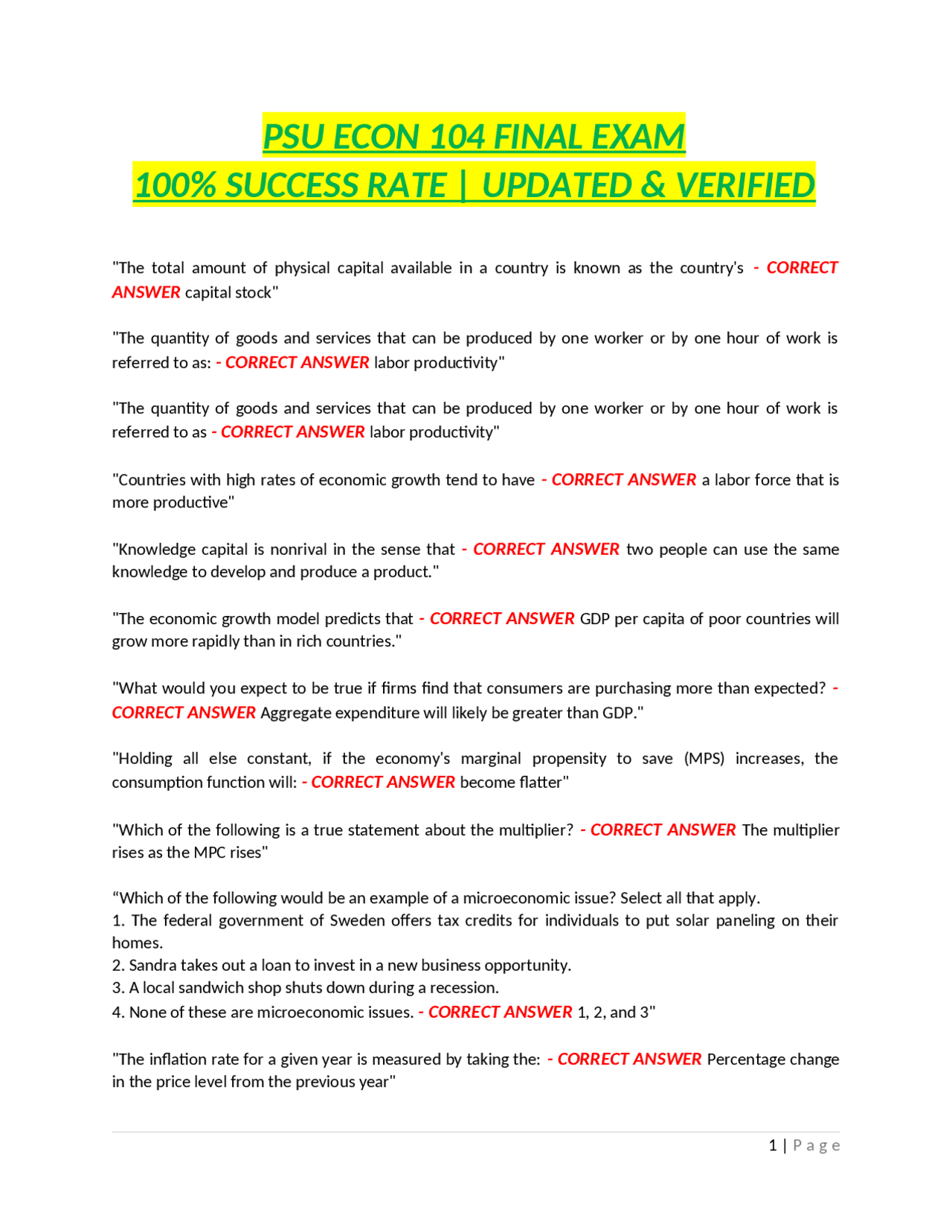ECON 104 Final Exam: Multiple Choice Questions and Answers | Exams ...