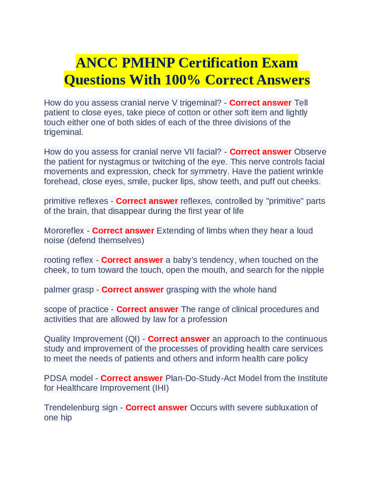 ANCC PMHNP Certification Exam Questions and Answers | Exams Nursing ...