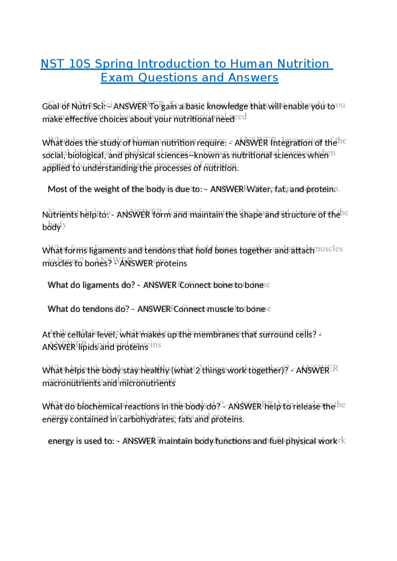 Introduction to Human Nutrition: Exam Questions and Answers | Exams ...