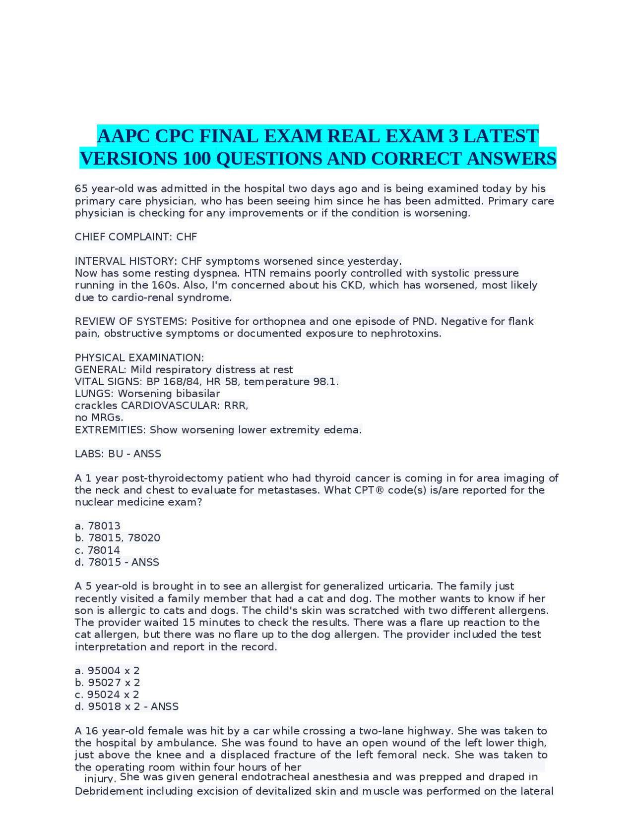 AAPC CPC Final Exam: Real Exam 3 - 100 Questions and Answers | Exams ...