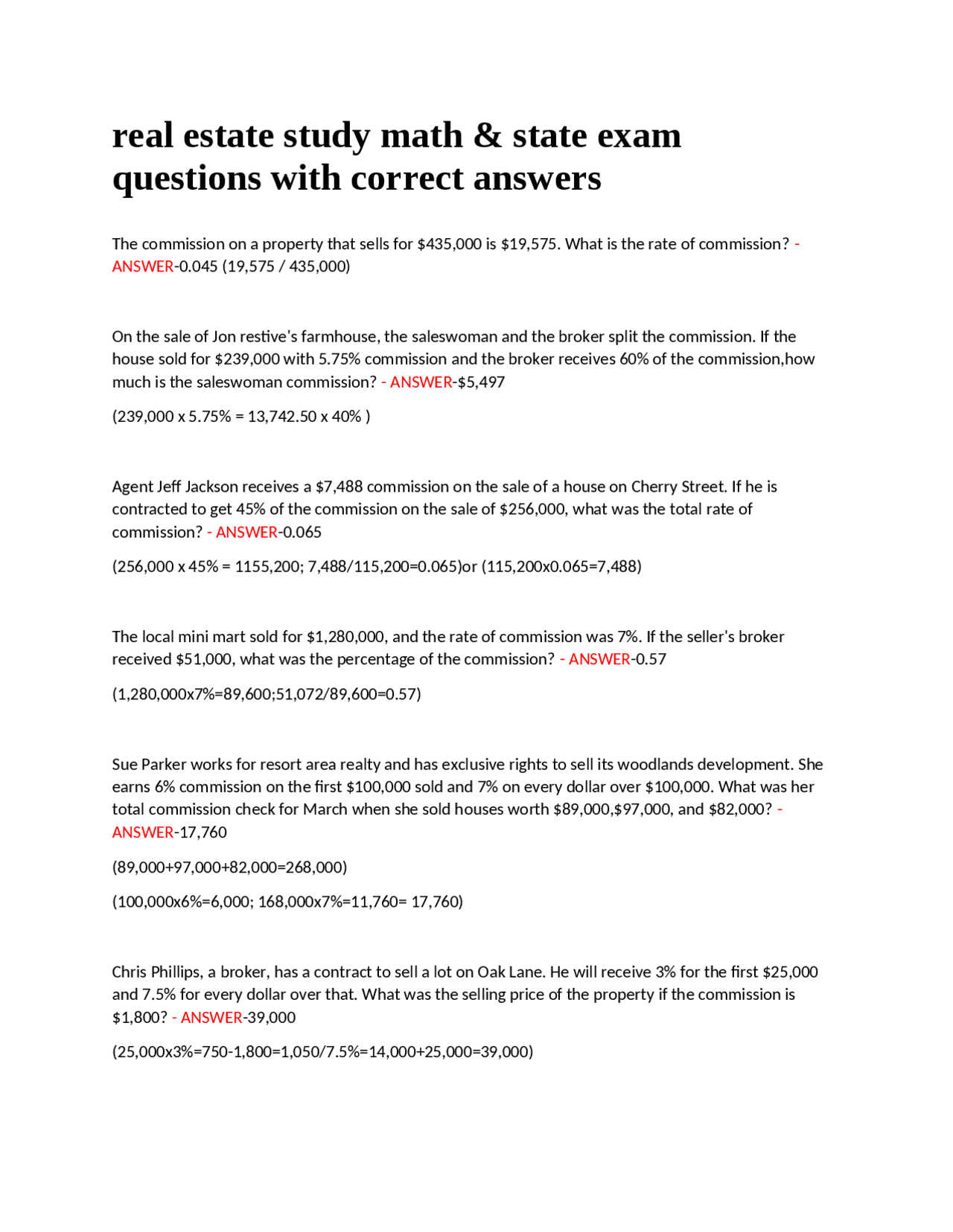 Real Estate Math Question Example Real Estate Math & State Exam Questions with Answers: Guam | Exams ...