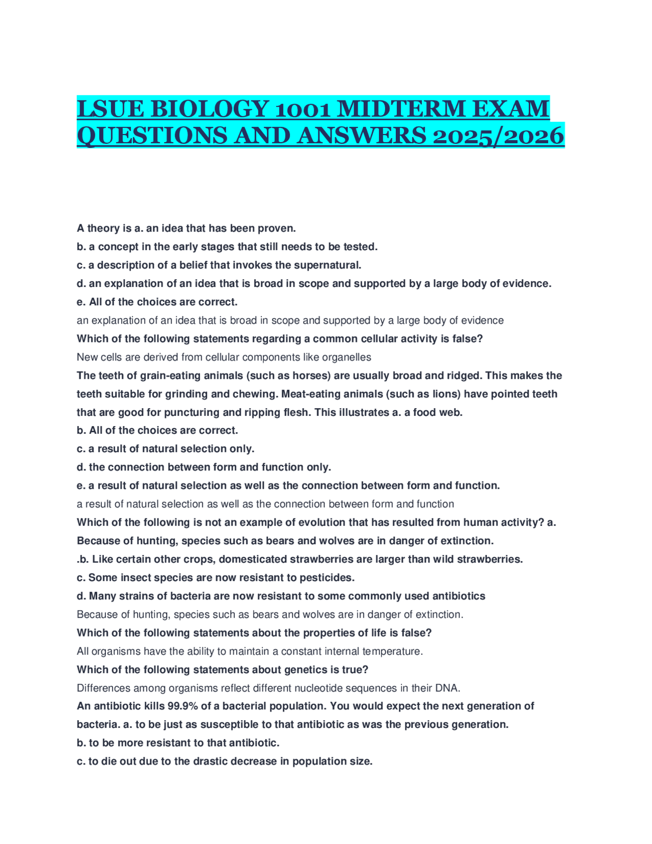 LSUE Biology 1001 Midterm Exam Questions and Answers 2025/2026 | Exams ...