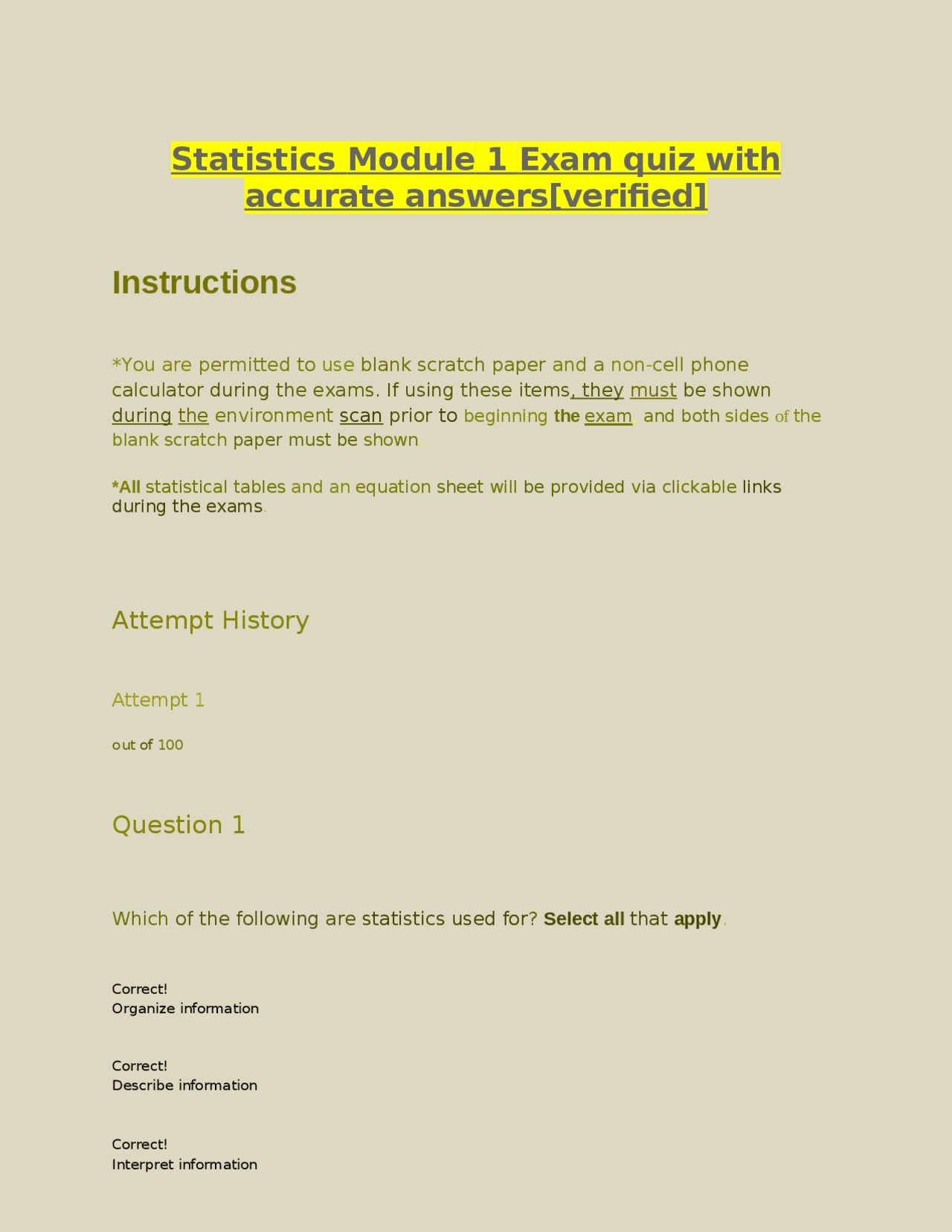 Statistics Module 1 Exam quiz with accurate answers[verified] | Quizzes ...