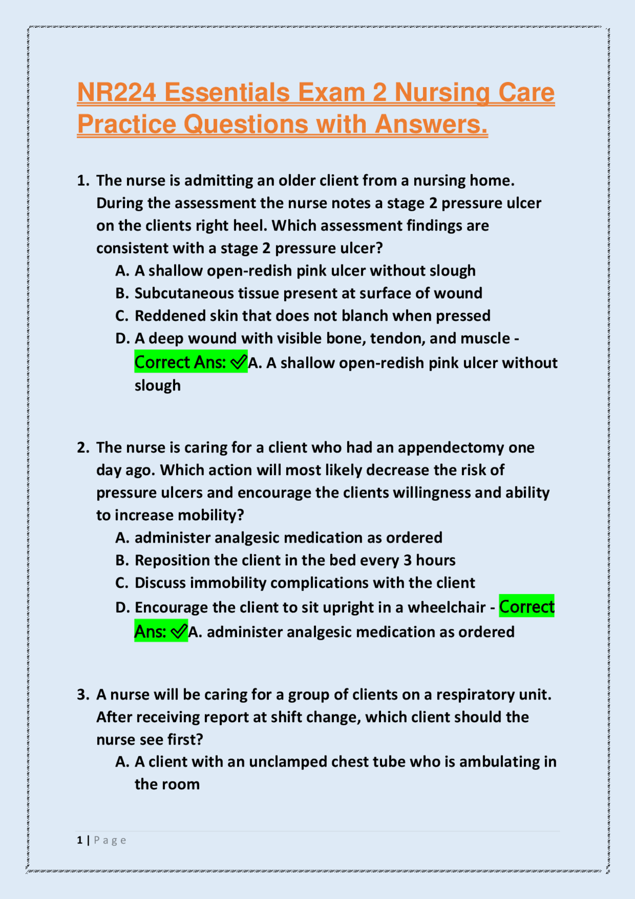 NR224 Essentials Exam 2 Nursing Care Practice Questions with Answers ...