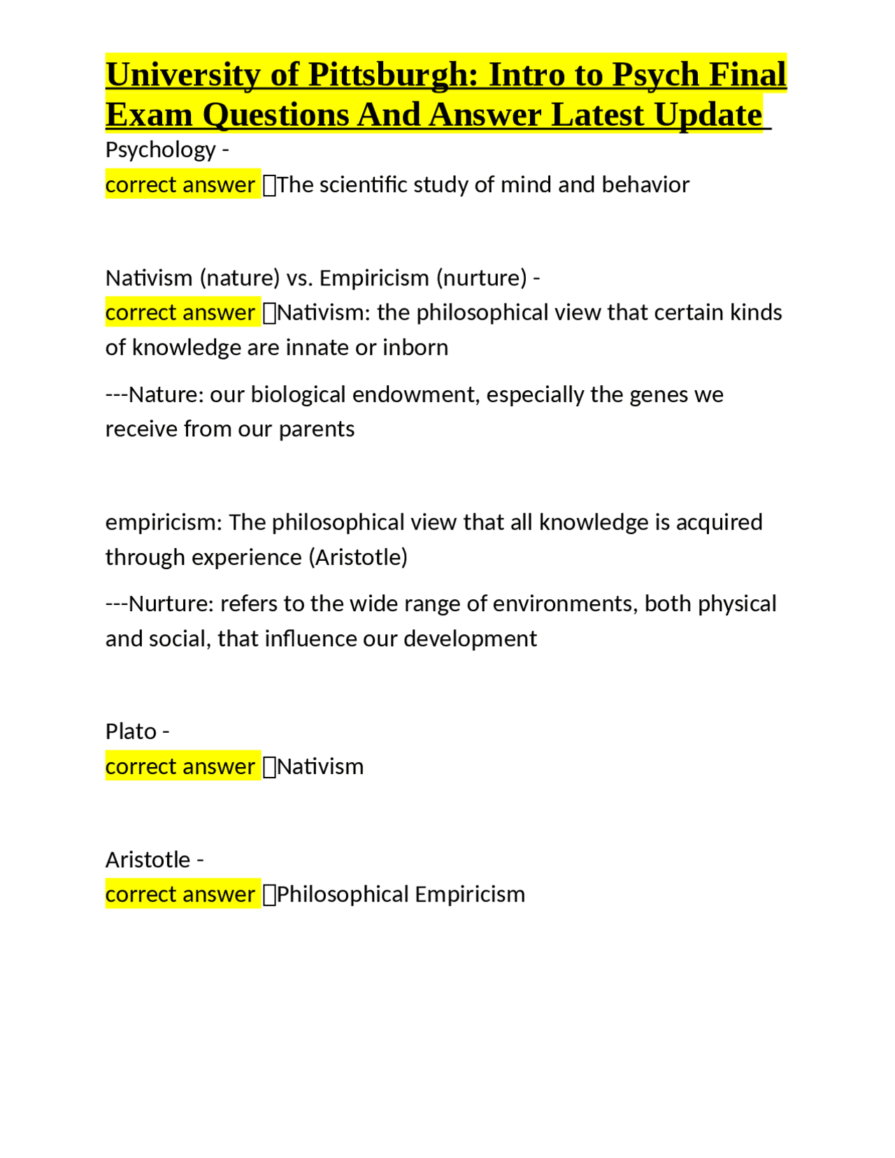 University of Pittsburgh: Introduction to Psychology Final Exam ...