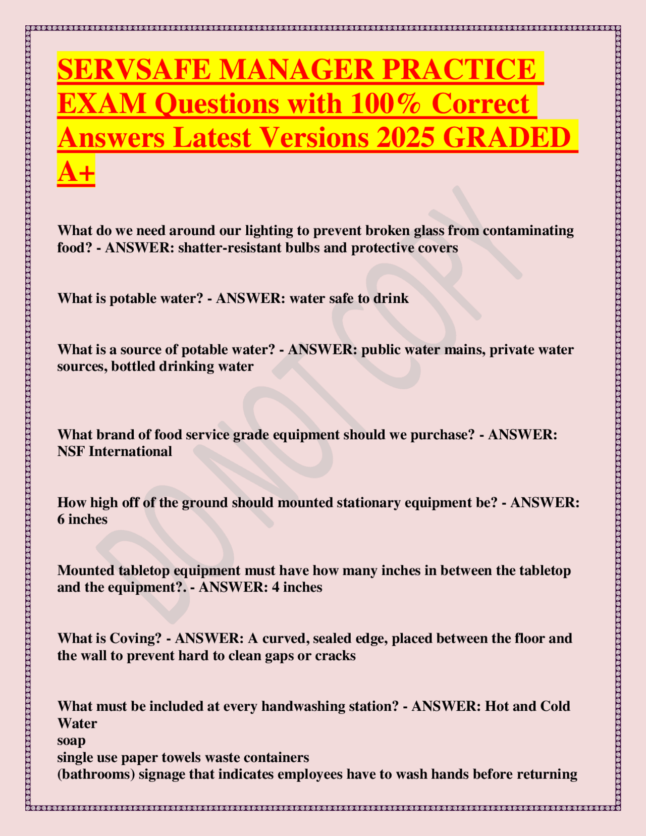 SERVSAFE MANAGER PRACTICE EXAM Questions with 100 Correct Answers