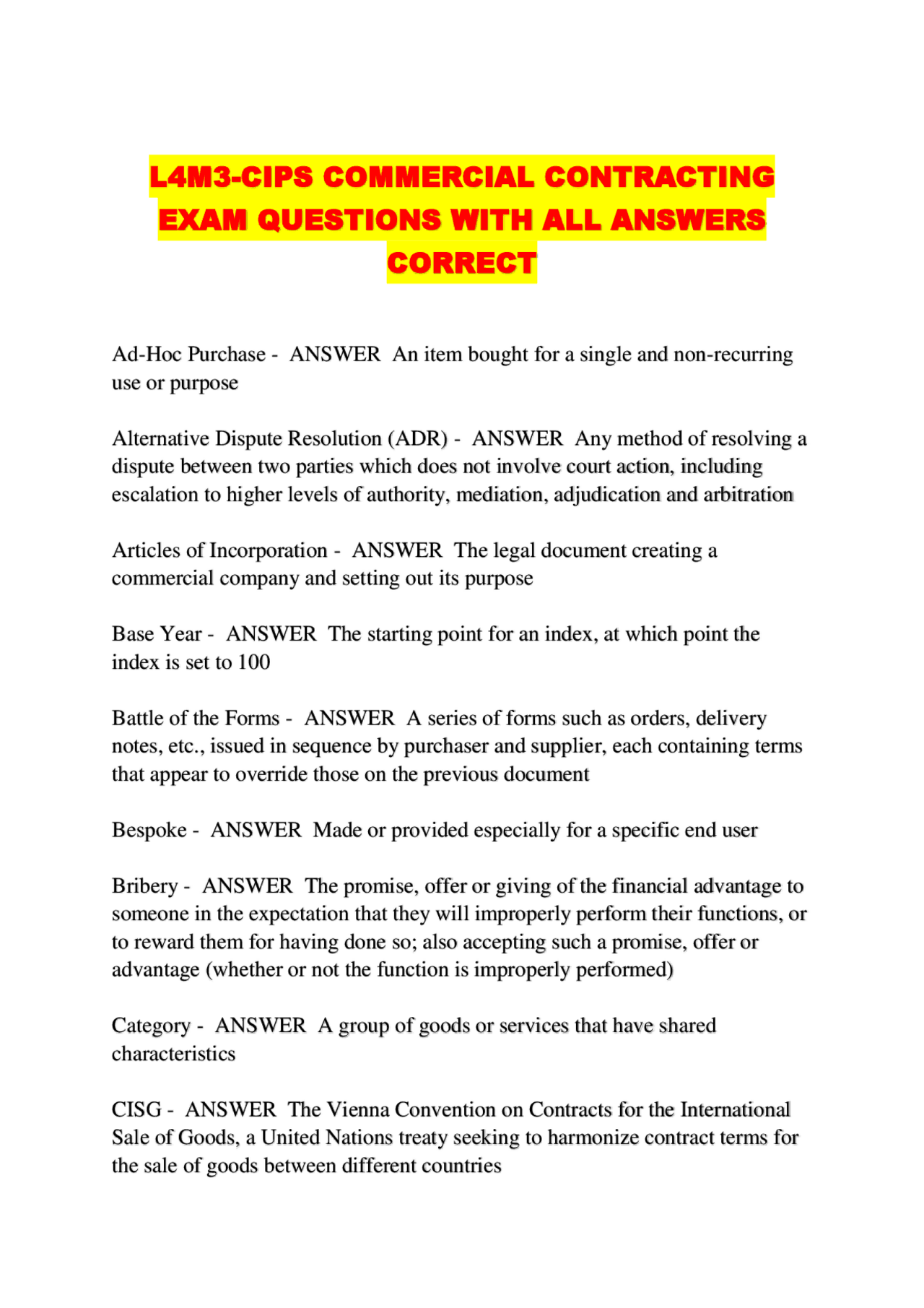 L4M3 CIPS COMMERCIAL CONTRACTING EXAM QUESTIONS WITH ALL ANSWERS