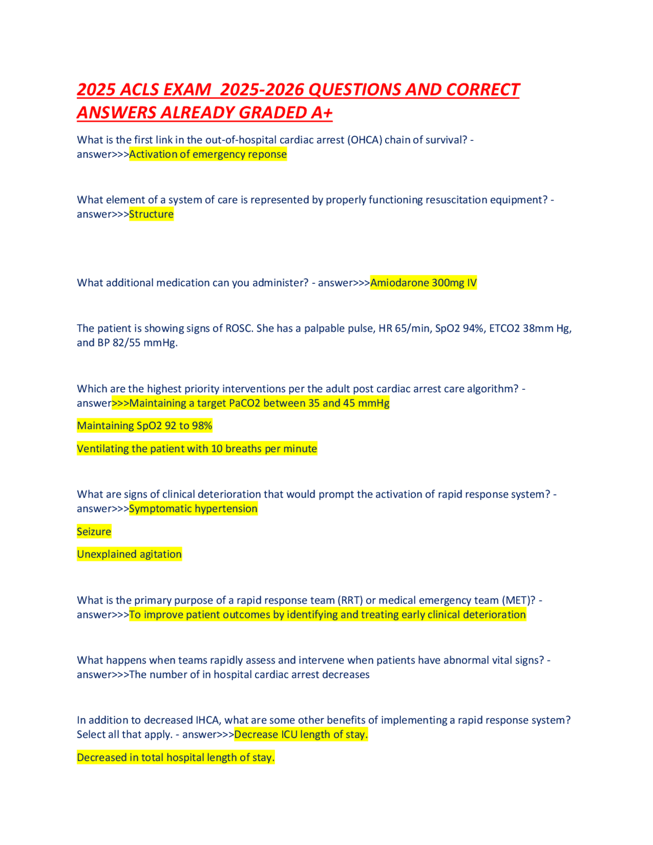 2025 ACLS EXAM 2025-2026 QUESTIONS AND CORRECT ANSWERS ALREADY GRADED ...