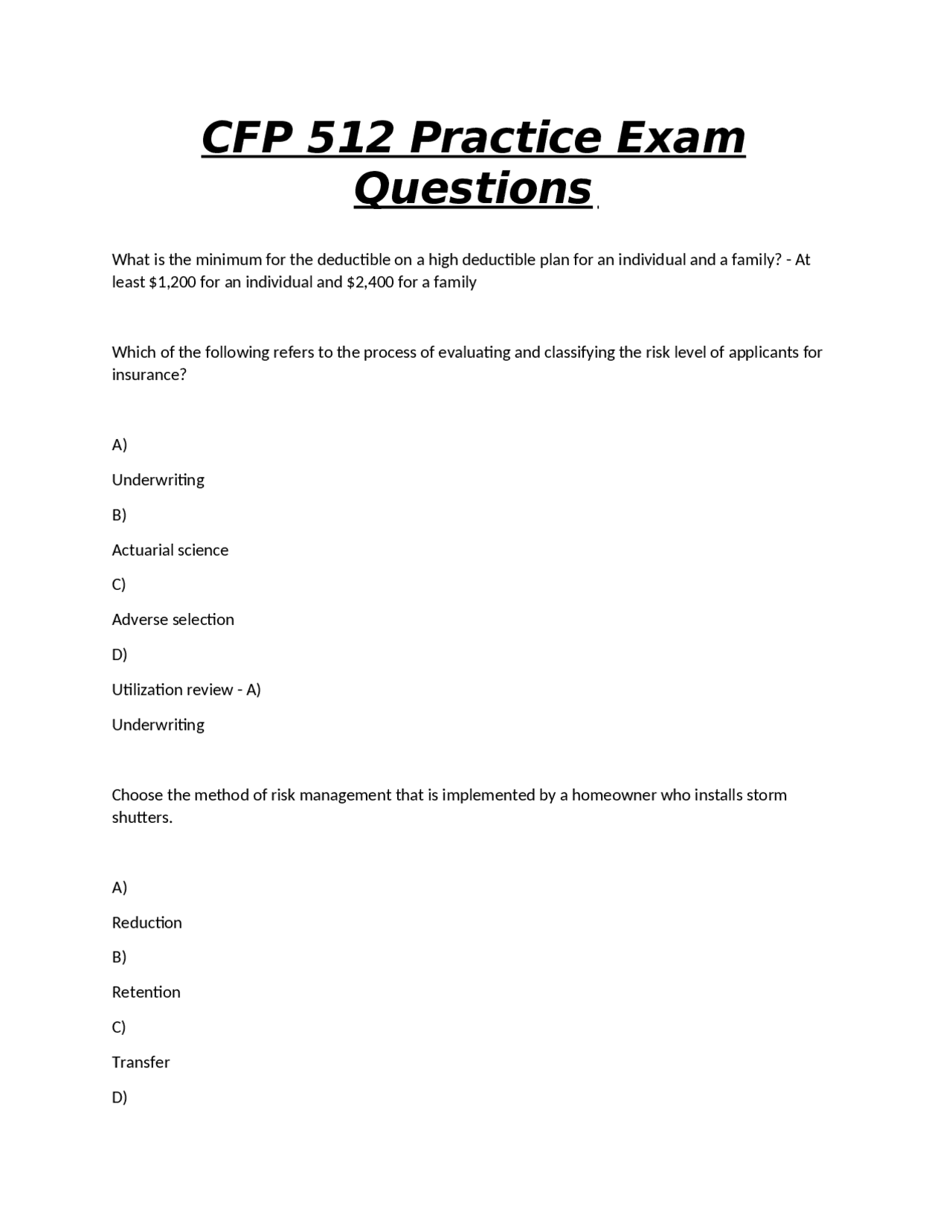 CFP 512 Practice Exam: Insurance Principles and Risk Management | Exams ...