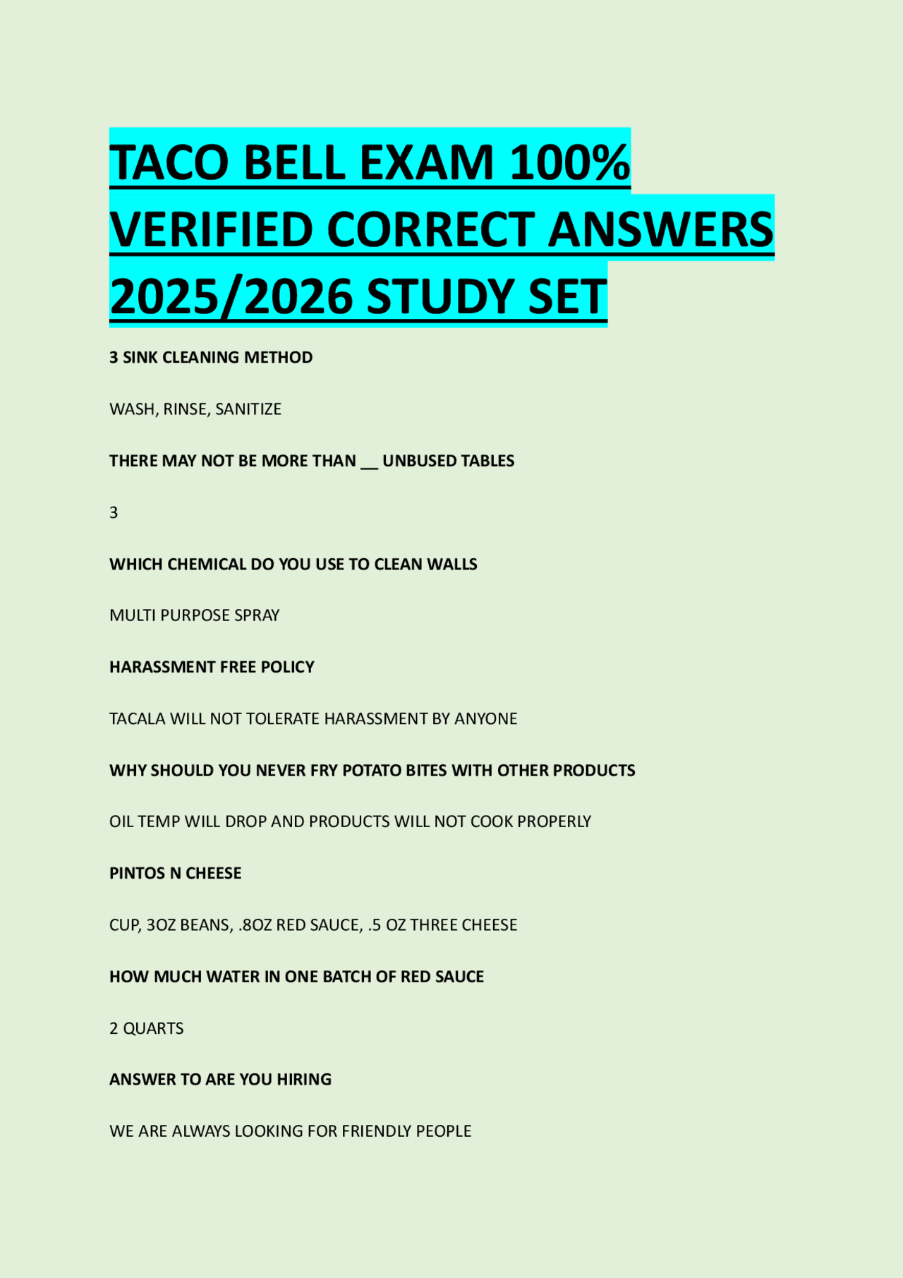 TACO BELL EXAM 100% VERIFIED CORRECT ANSWERS 2025/2026 STUDY SET ...