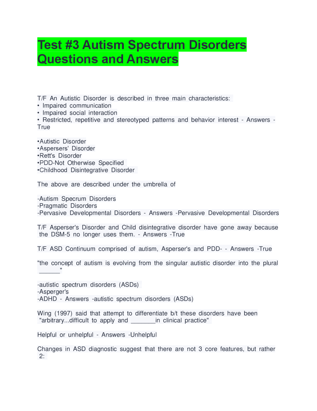 Test #3 Autism Spectrum Disorders Questions and Answers | Exams Nursing ...