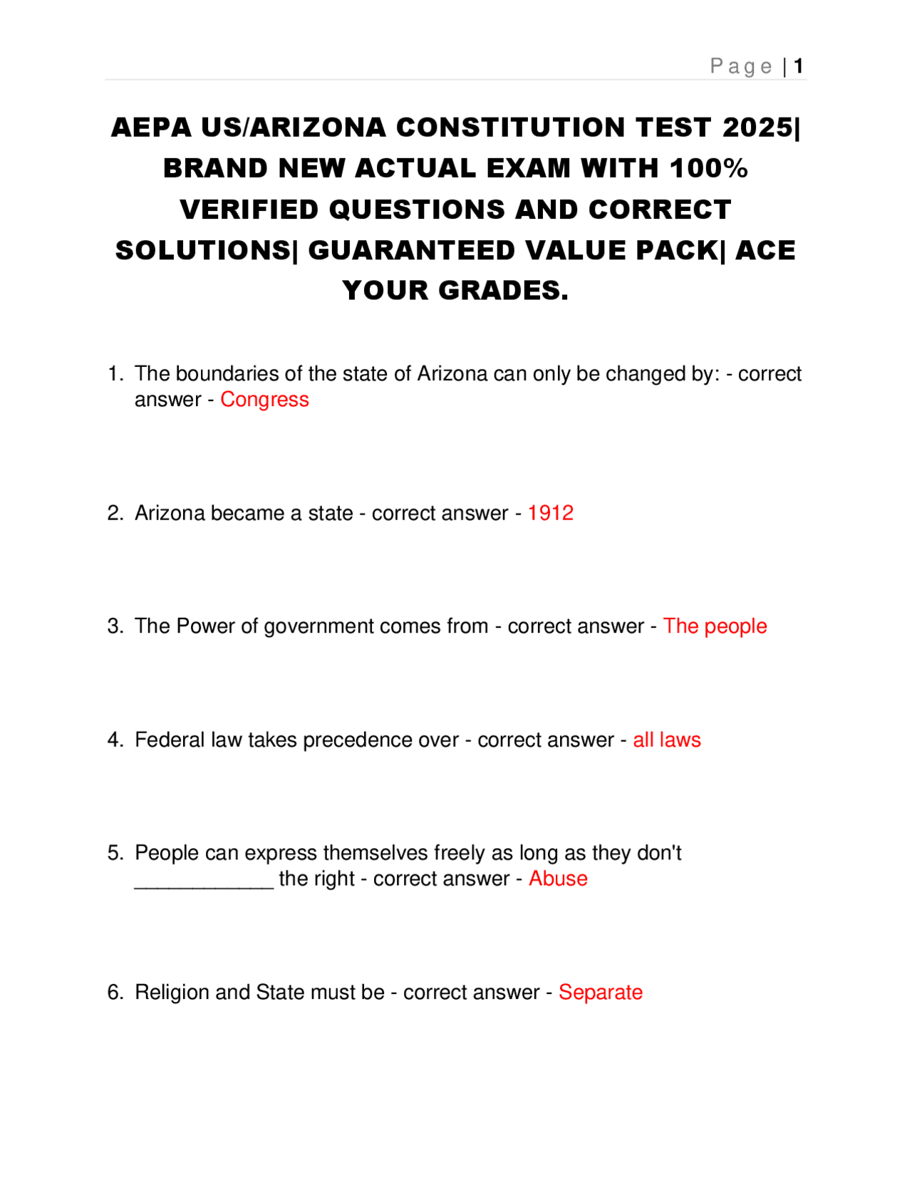 AEPA US/ARIZONA CONSTITUTION TEST 2025| BRAND NEW ACTUAL EXAM. | Exams ...