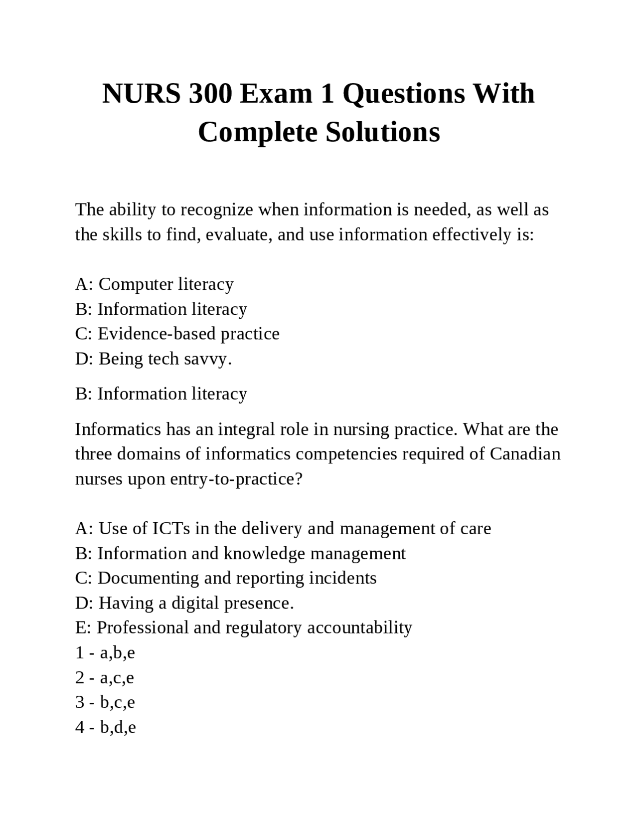 NURS 300 Exam 1 Questions With Complete Solution1 | Exams Nursing | Docsity