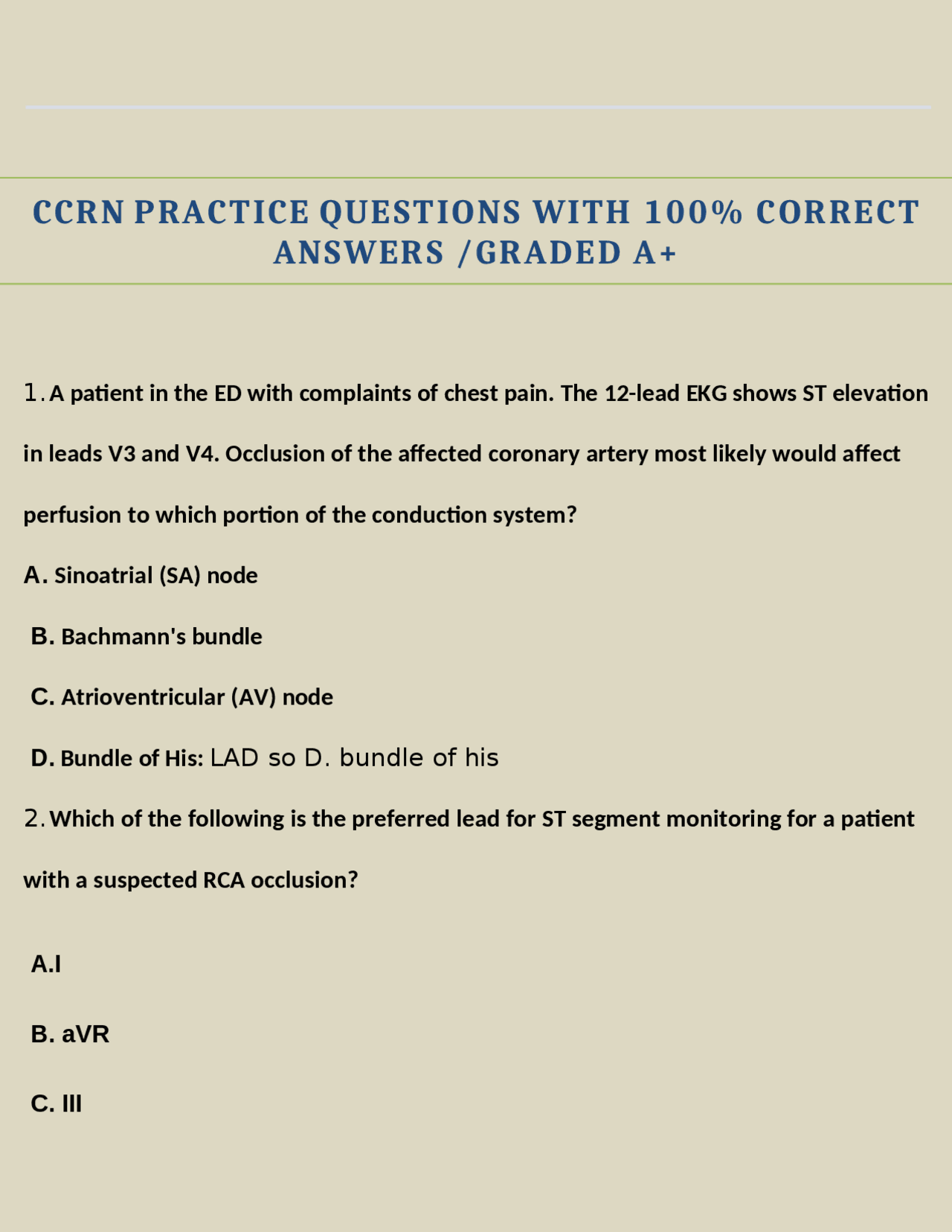 CCRN PRACTICE QUESTIONS WITH 100% CORRECT ANSWERS /GRADED A+ | Exams ...