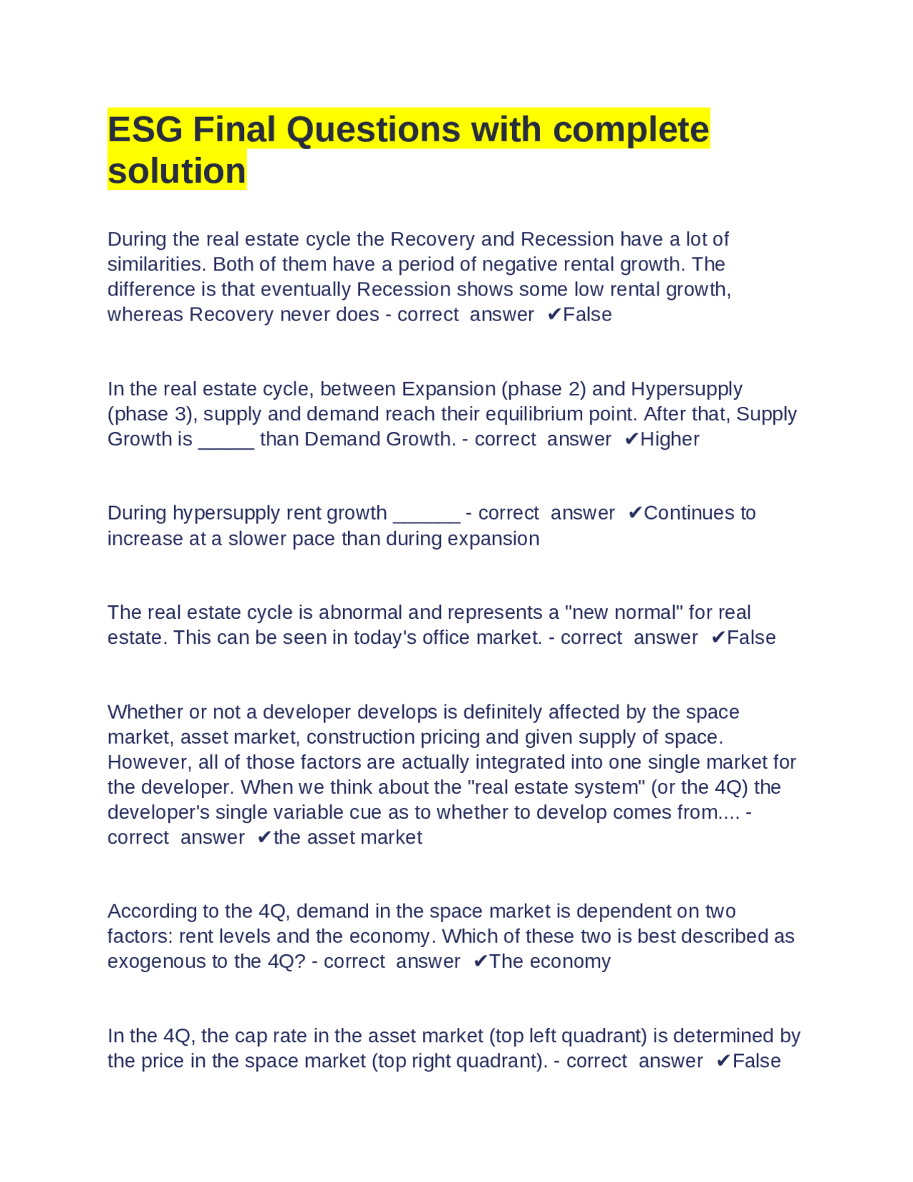 ESG Final Questions: Real Estate Cycle, 4Q Model, and Market Analysis ...