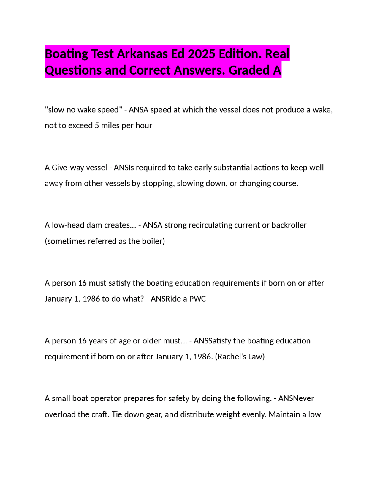 Boating Test Arkansas Ed 2025 Edition. Real Questions and Correct Answers. Graded A | Exams ...
