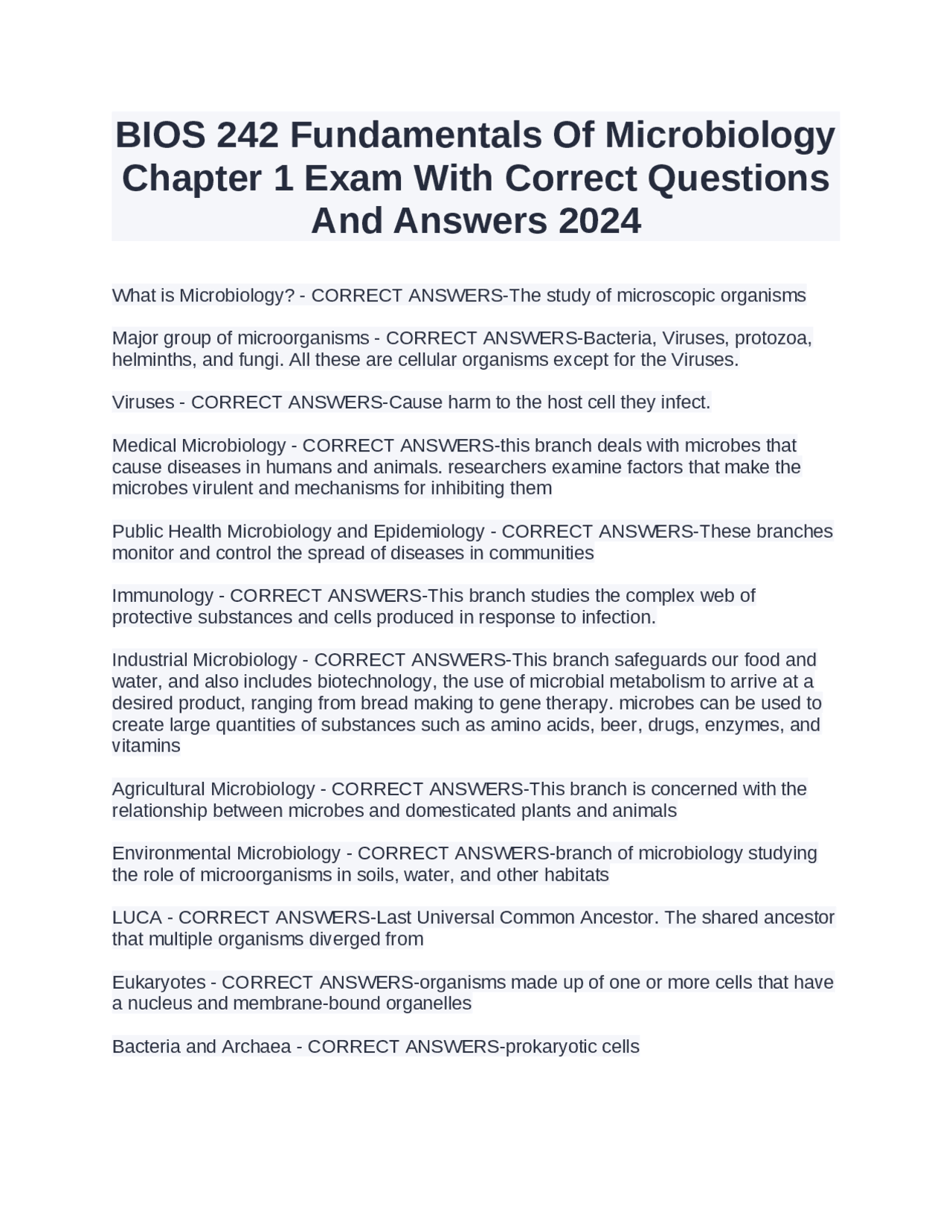 BIOS 242 Fundamentals Of Microbiology Chapter 1 Exam With Correct ...