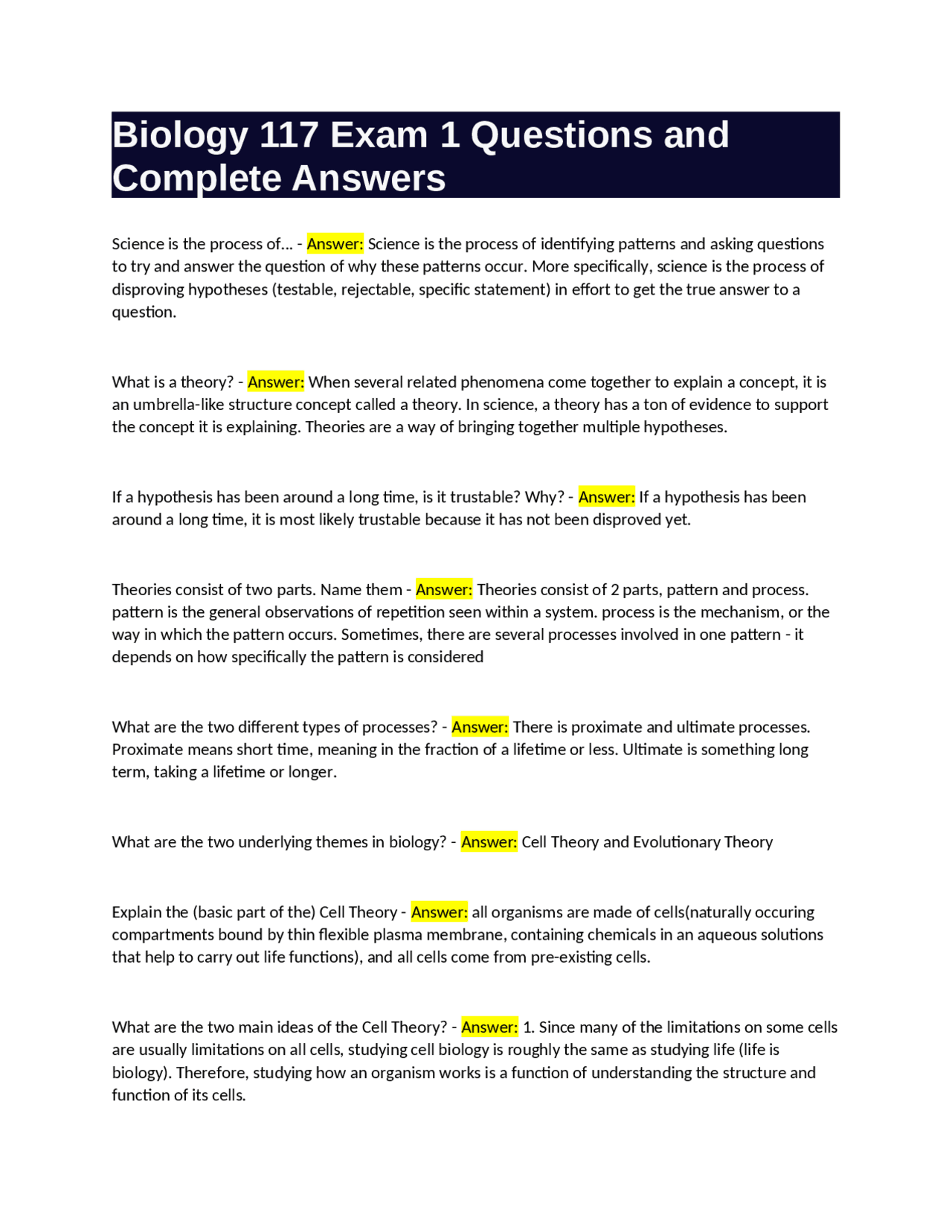 Biology 117 Exam 1 Questions and Complete Answers | Exams Biology | Docsity