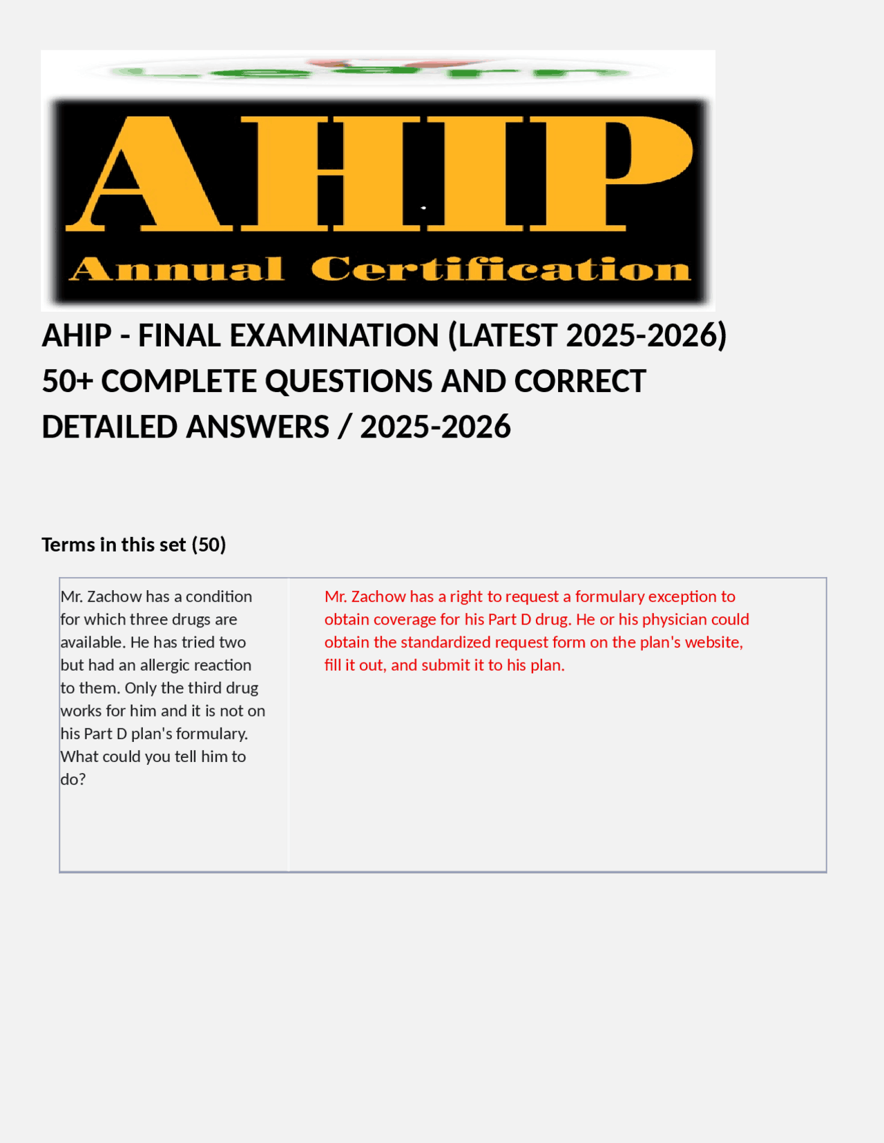 AHIP - FINAL EXAMINATION (LATEST 2025-2026) 50+ COMPLETE QUESTIONS AND ...