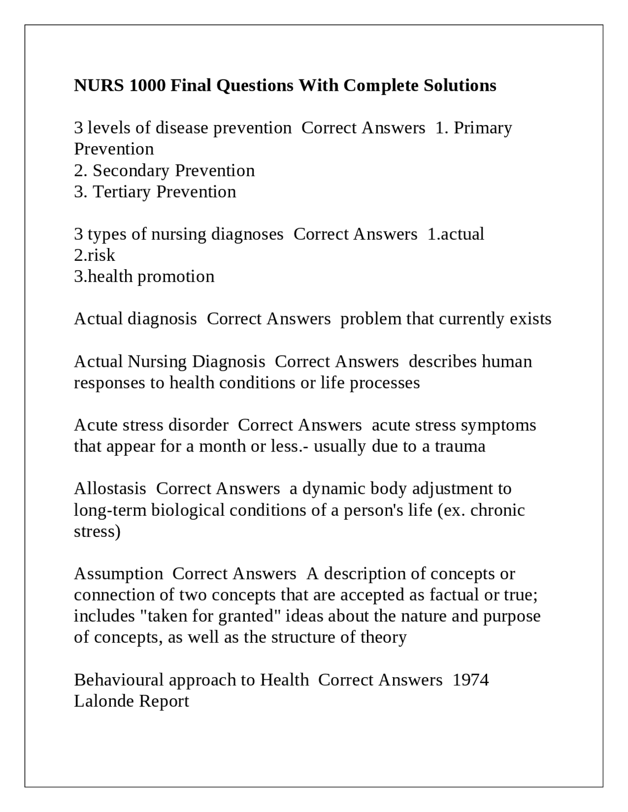 NURS 1000 Final Questions With Complete Solutions. | Exams Nursing ...
