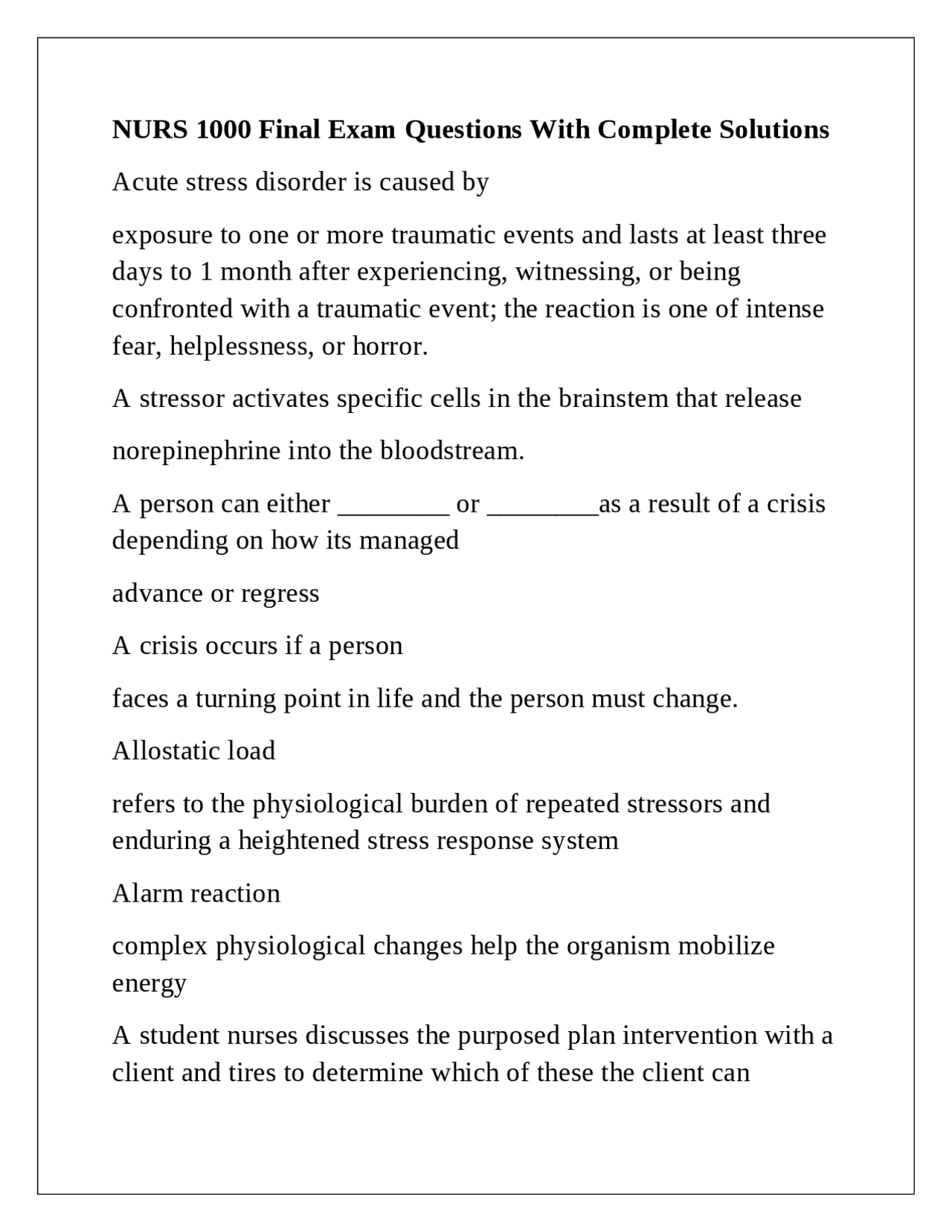 NURS 1000 Final Exam Questions With Complete Solutions | Exams Nursing ...