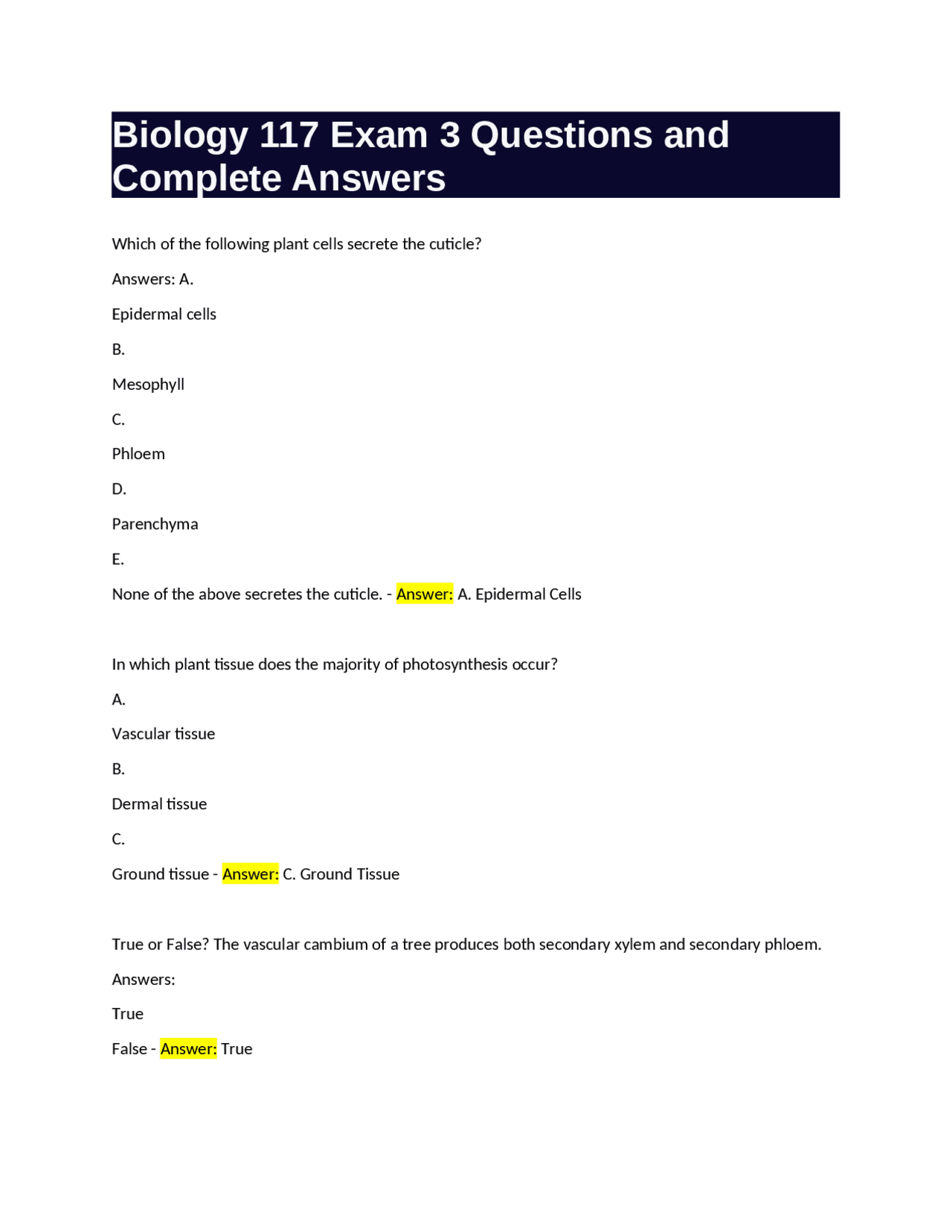 Biology 117 Exam 3 Questions and Complete Answers | Exams Biology | Docsity