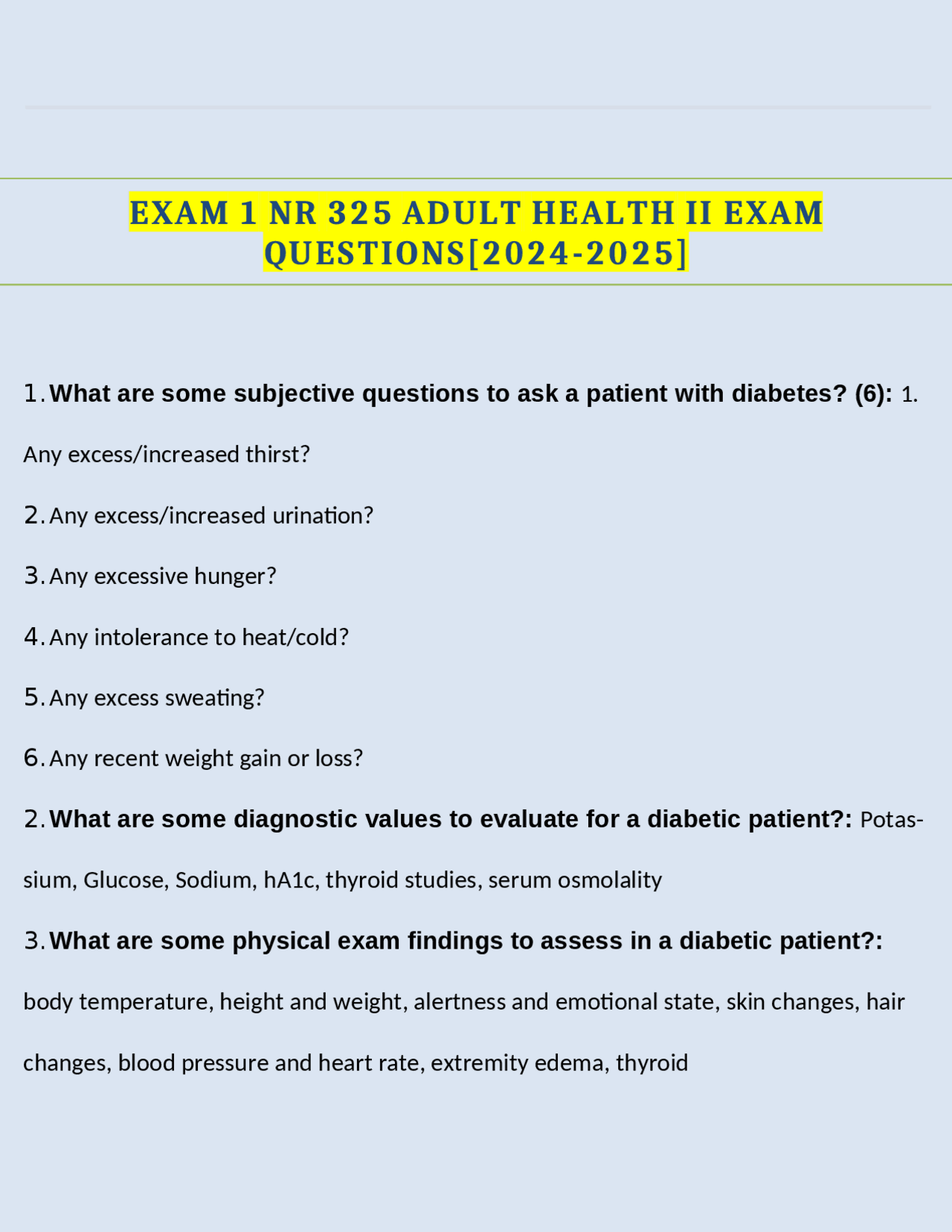 EXAM 1 NR 325 ADULT HEALTH II EXAM QUESTIONS[2024-2025] | Exams Nursing ...