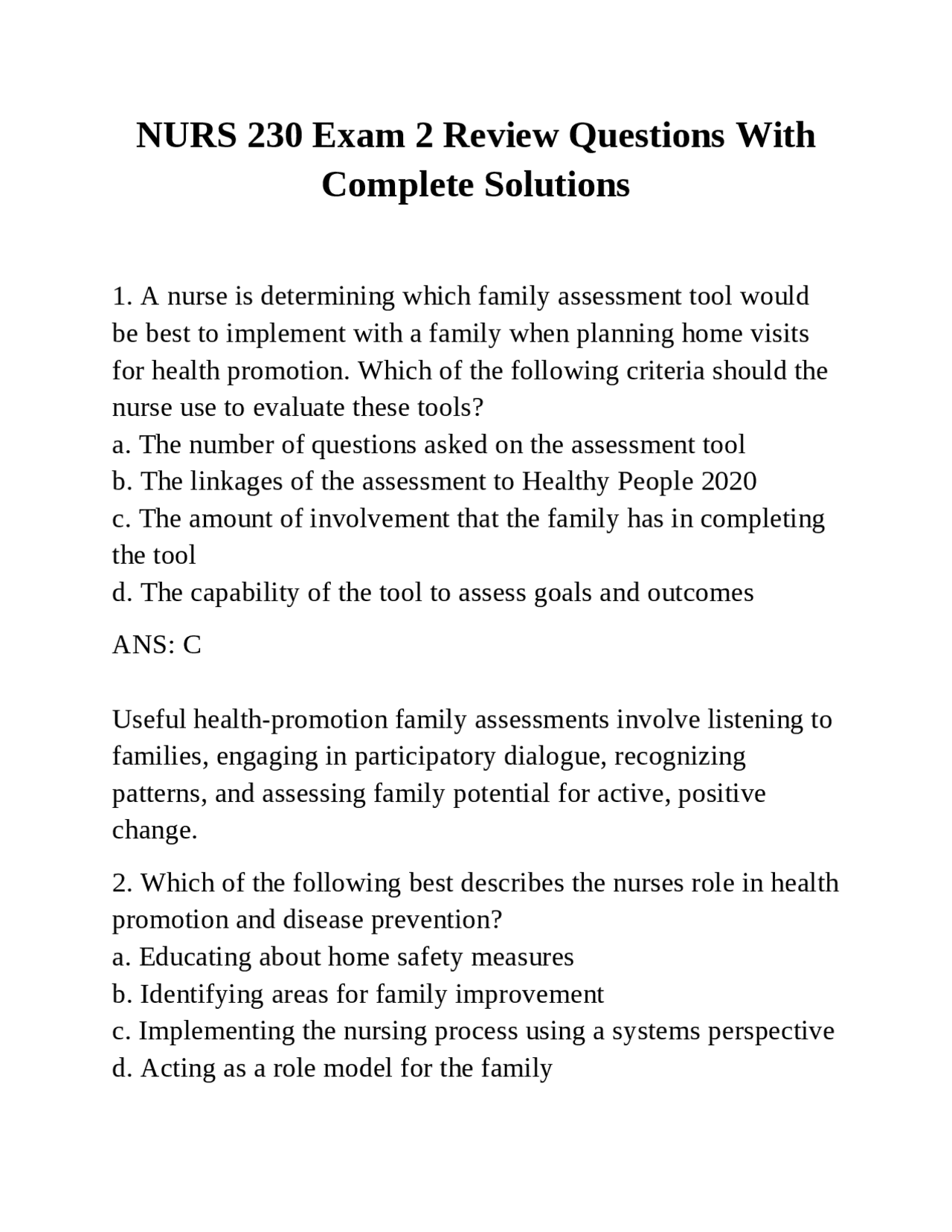 NURS 230 Exam 2 Review: Family Nursing Concepts | Exams Nursing | Docsity