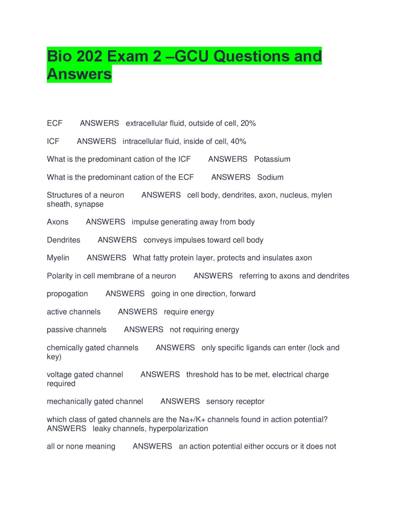 GCU Bio 202 Exam 2: Human Anatomy & Physiology Guide | Exams Advanced ...